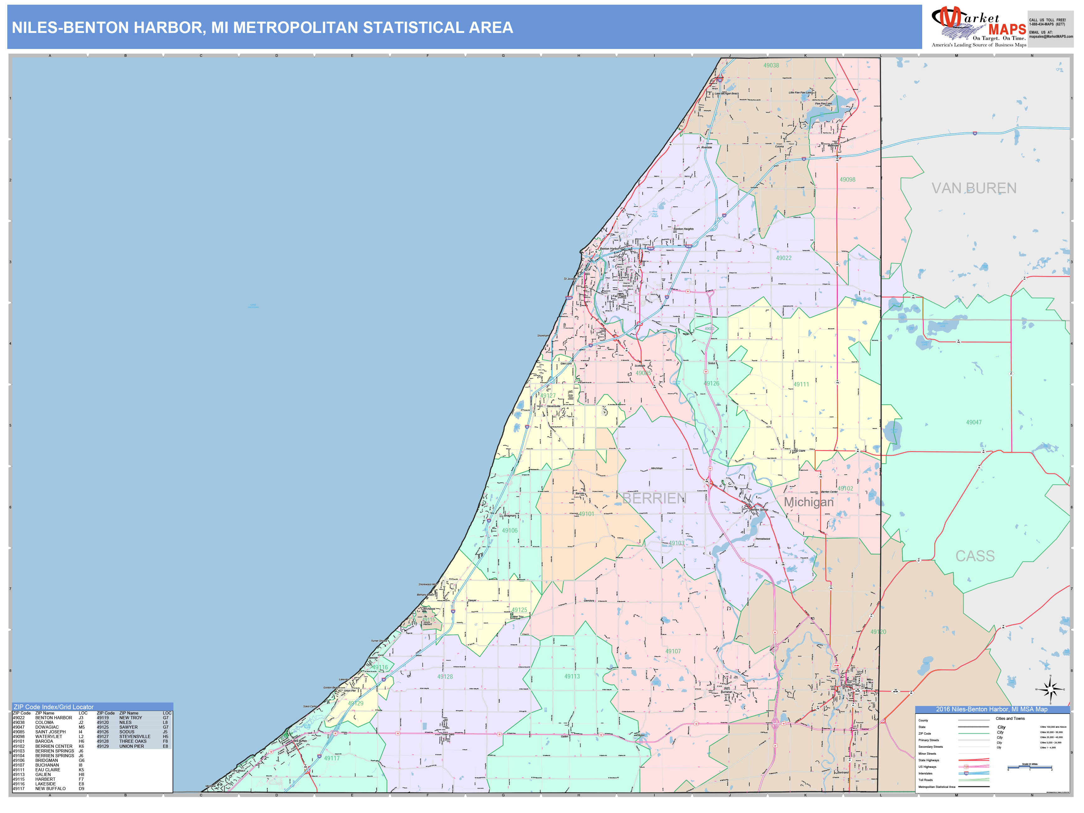 NilesBenton Harbor, MI Metro Area Wall Map Color Cast Style by