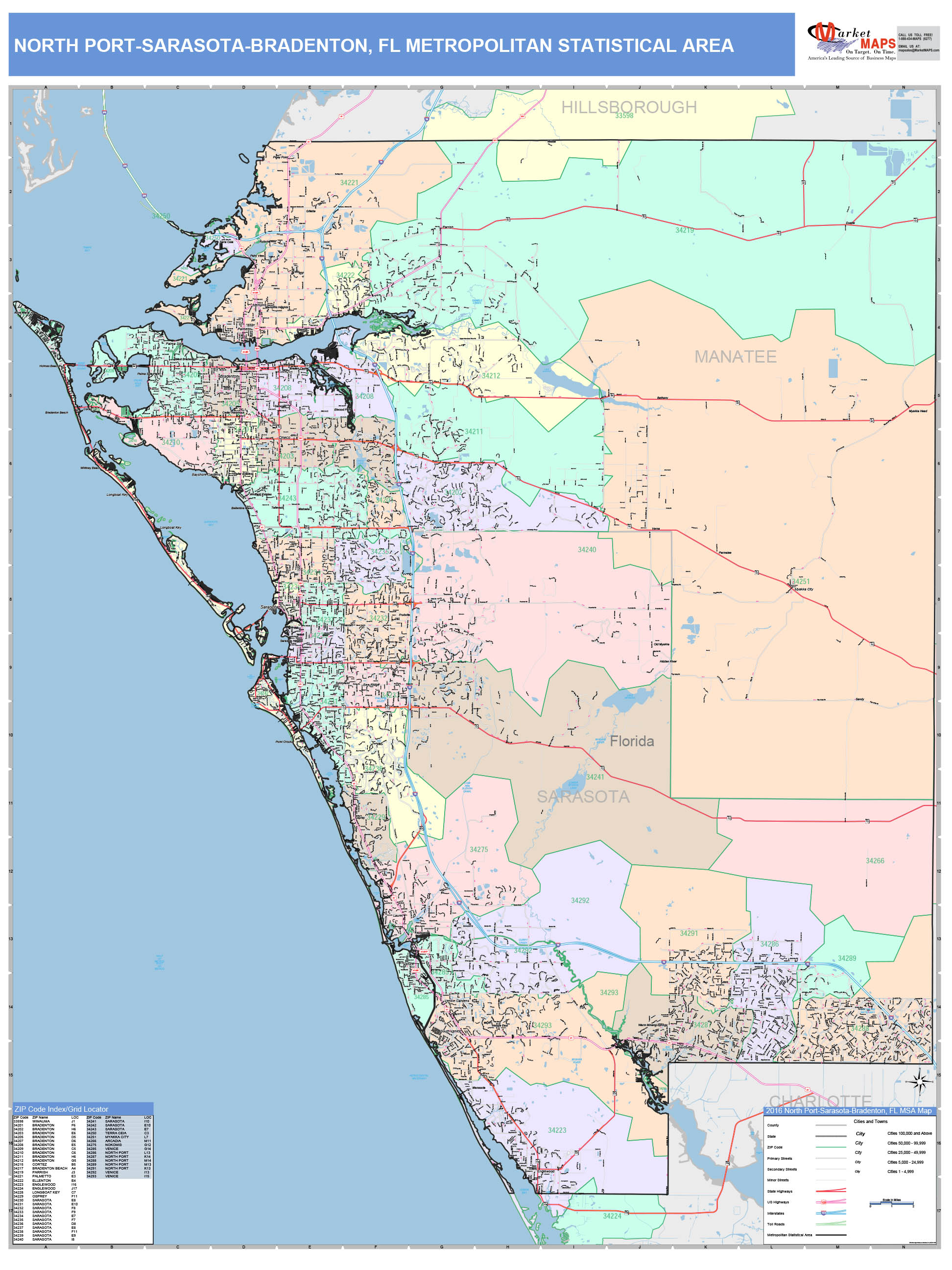 North PortSarasotaBradenton, FL Metro Area Wall Map Color Cast Style
