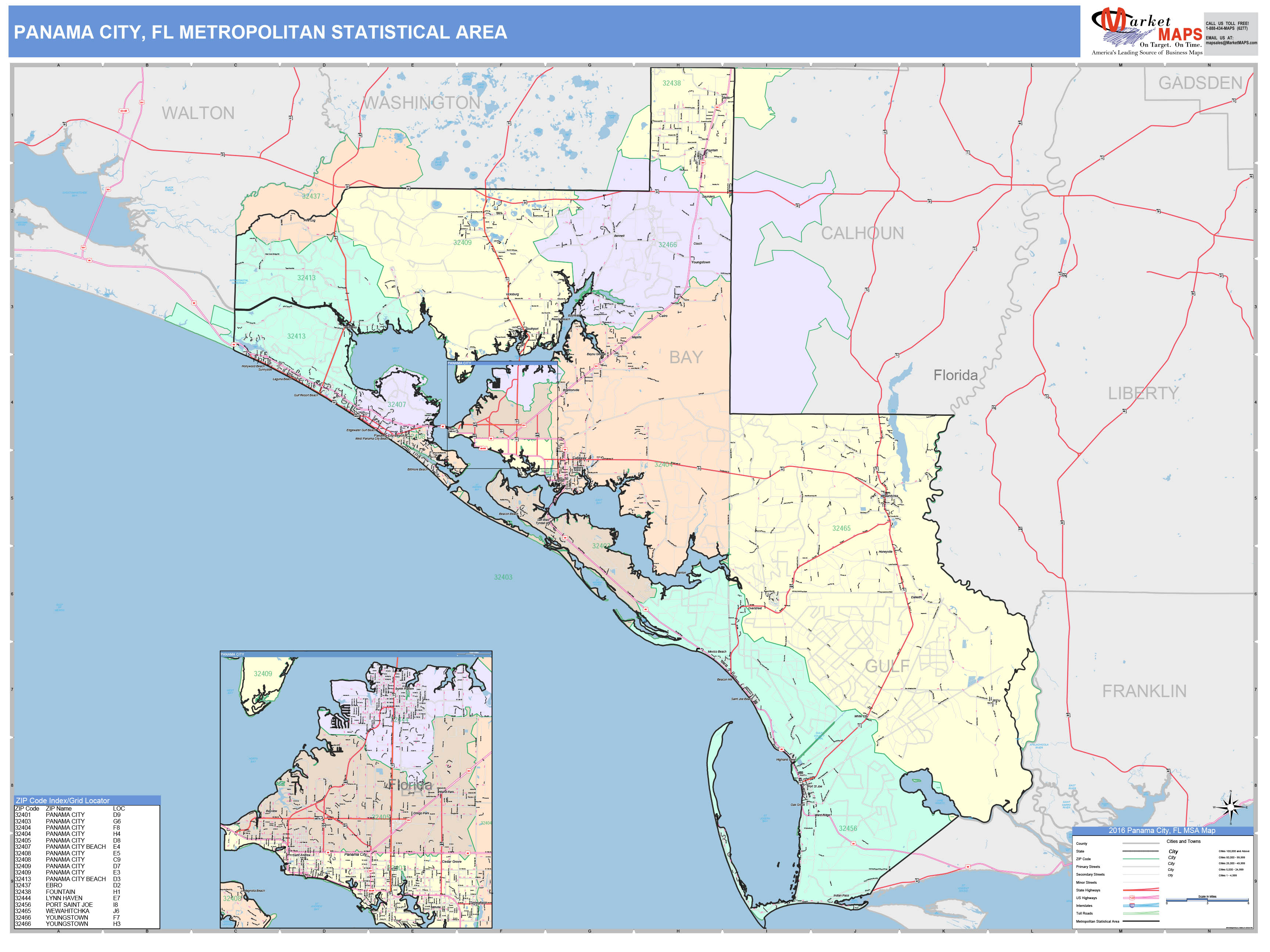 Panama City, FL Metro Area Wall Map Color Cast Style by MarketMAPS