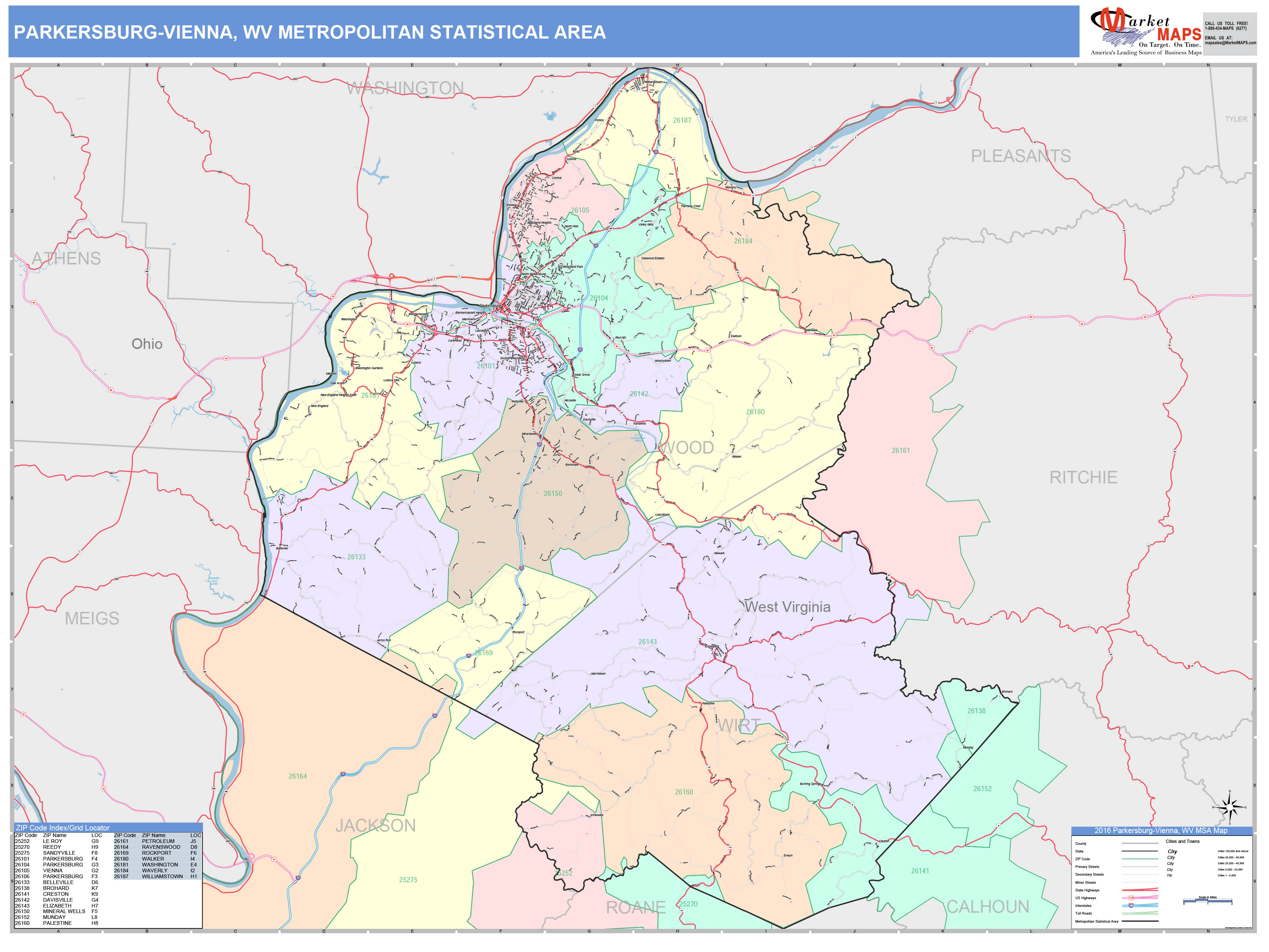 ParkersburgVienna, WV Metro Area Wall Map Color Cast Style by MarketMAPS