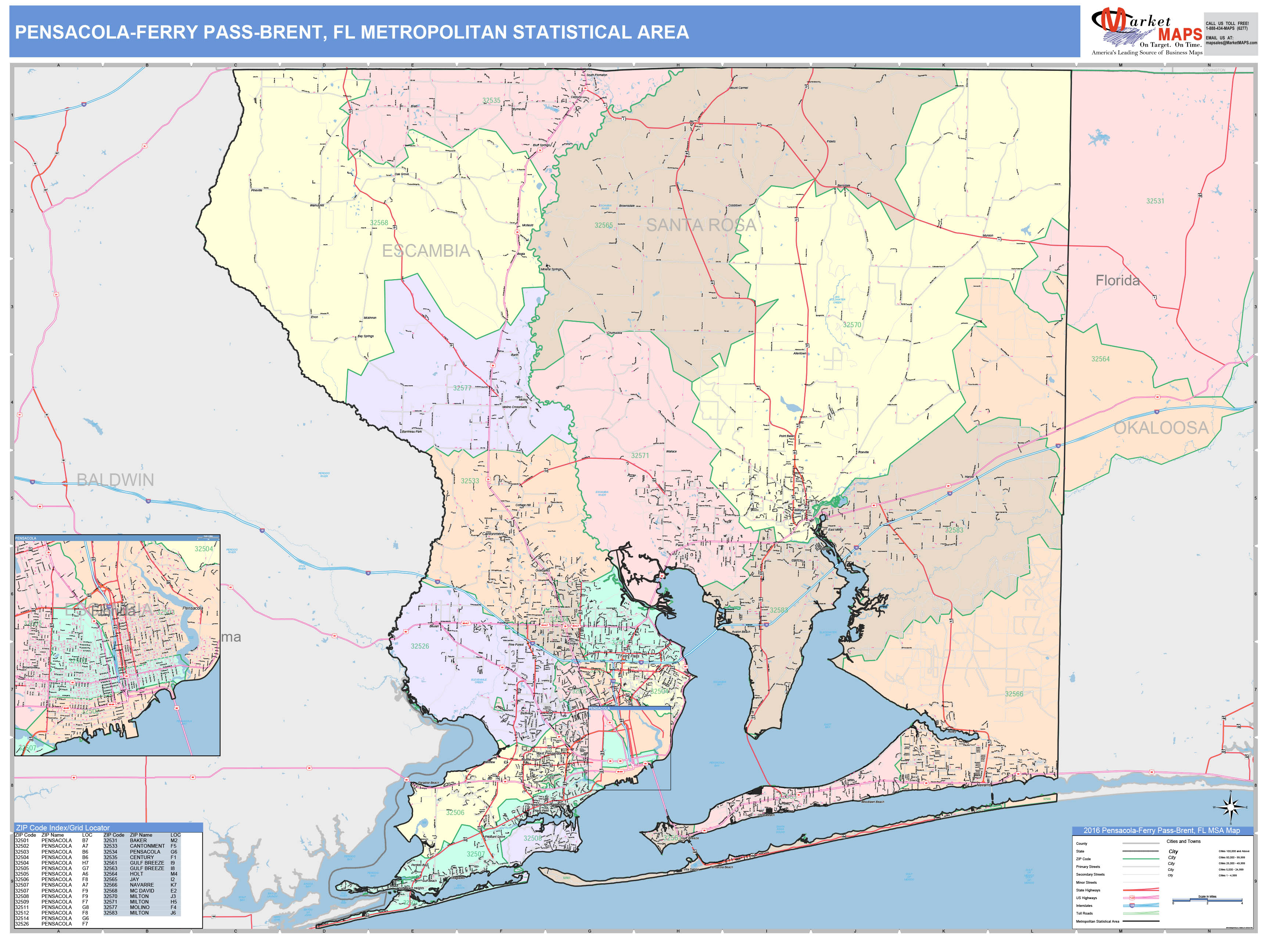 PensacolaFerry PassBrent, FL Metro Area Wall Map Color Cast Style by