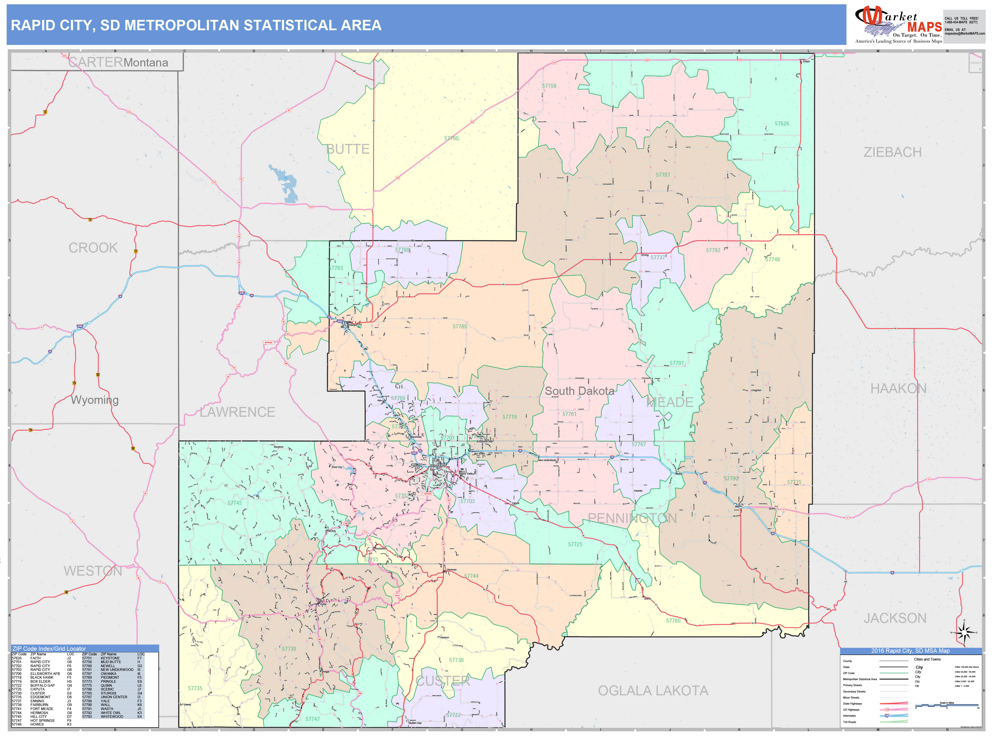Rapid City, SD Metro Area Wall Map Color Cast Style by MarketMAPS