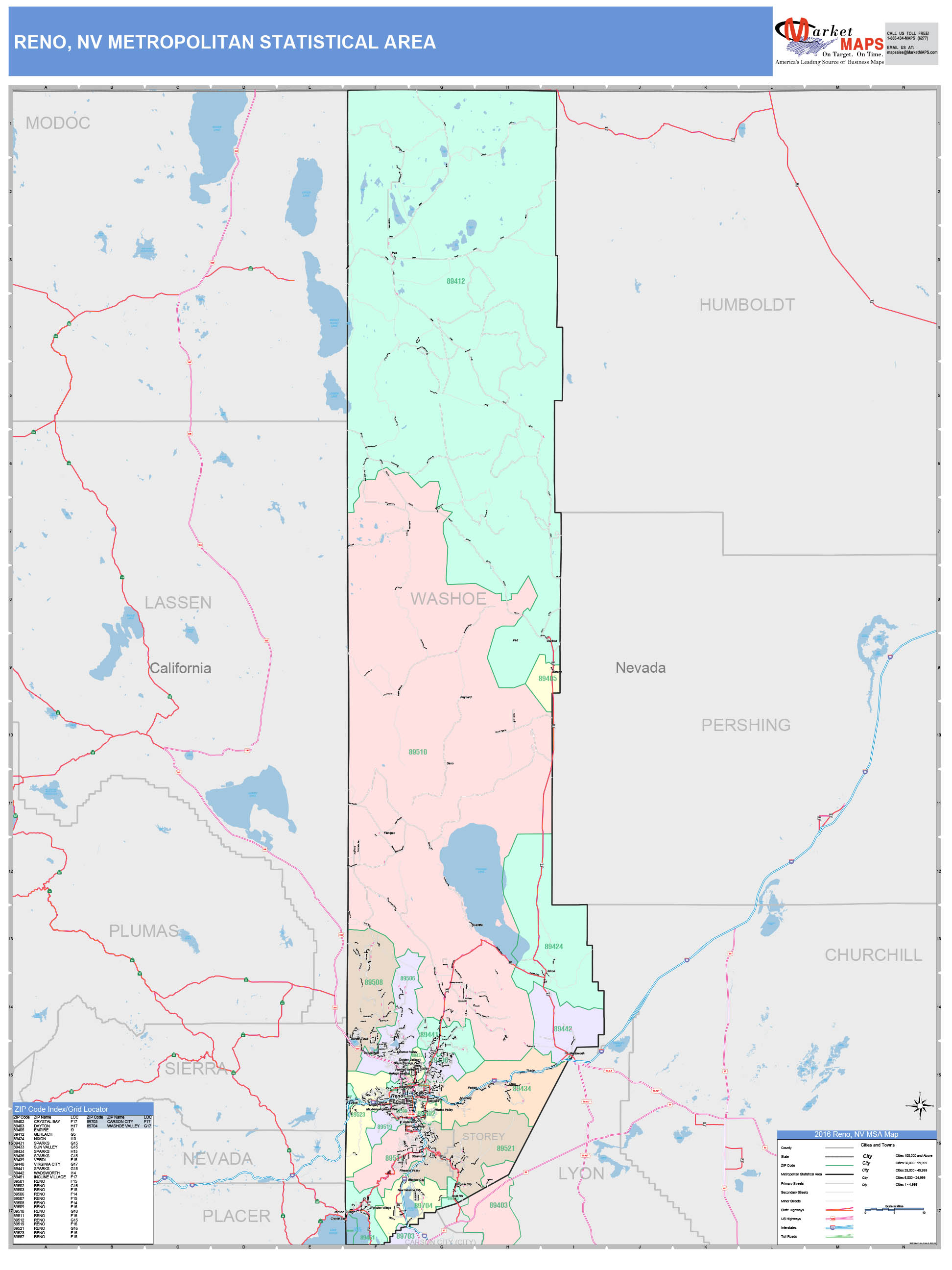 Reno, NV Metro Area Wall Map Color Cast Style by MarketMAPS
