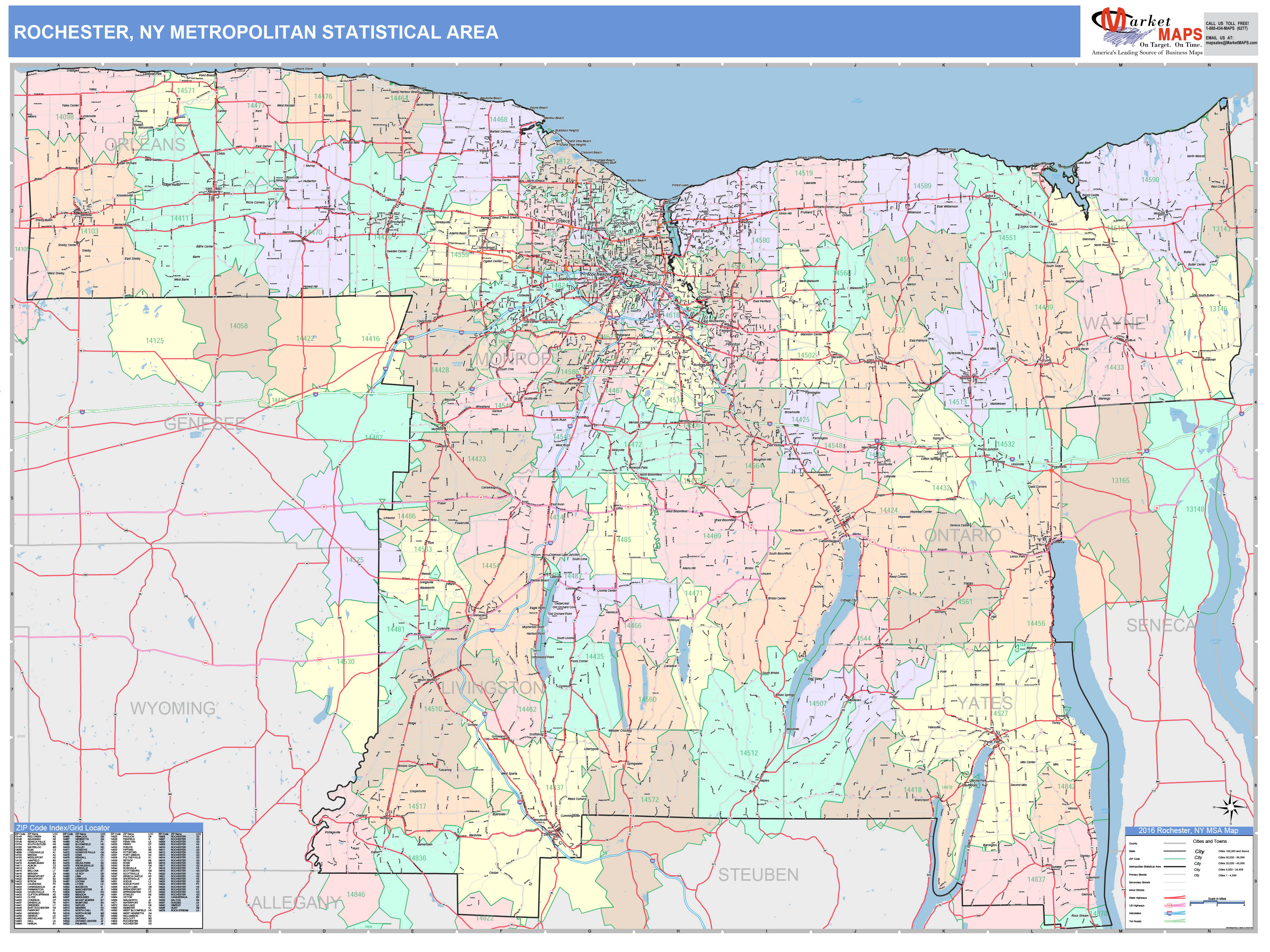 Rochester, NY Metro Area Wall Map Color Cast Style by MarketMAPS MapSales