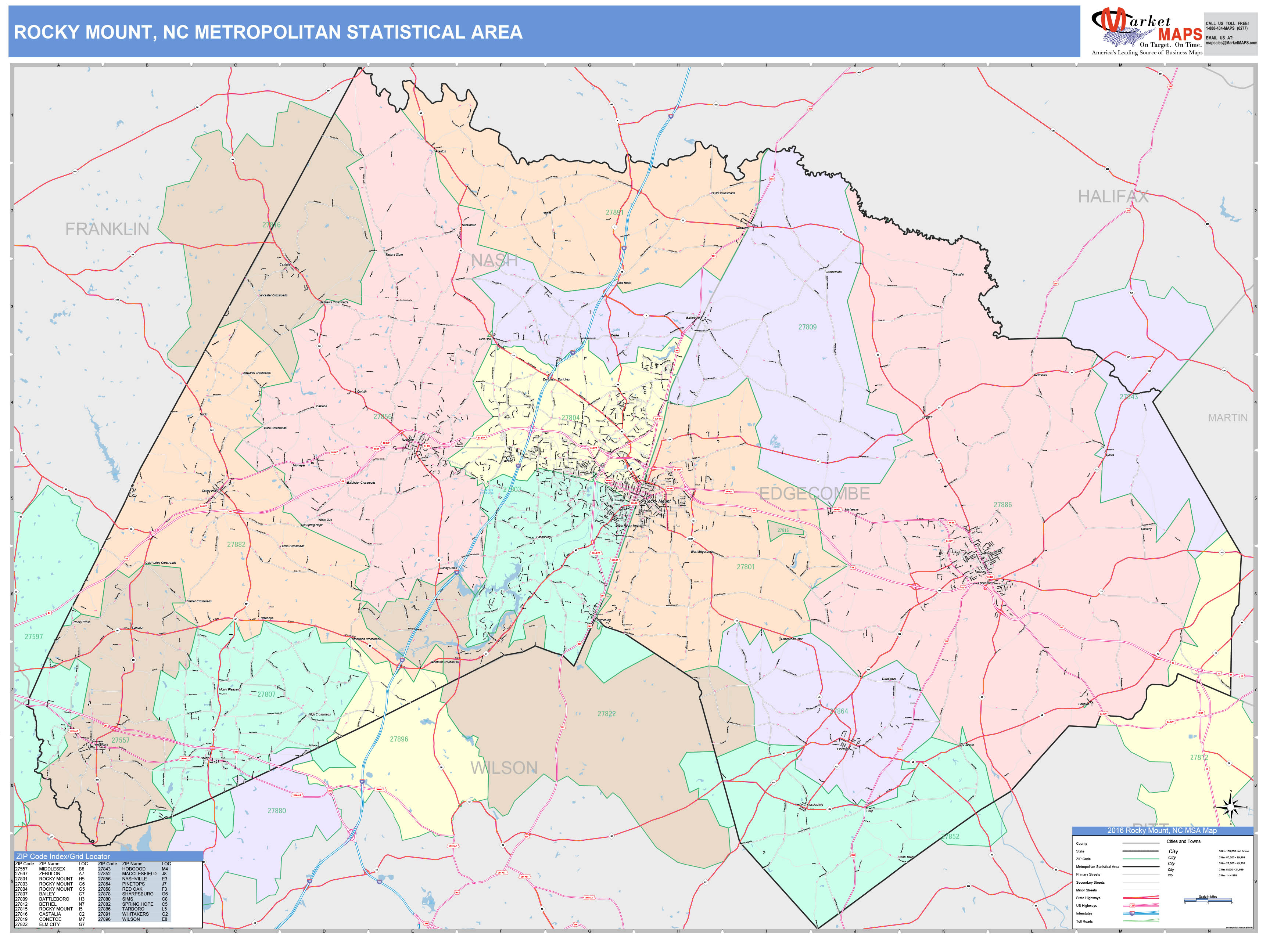 Rocky Mount, NC Metro Area Wall Map Color Cast Style by MarketMAPS