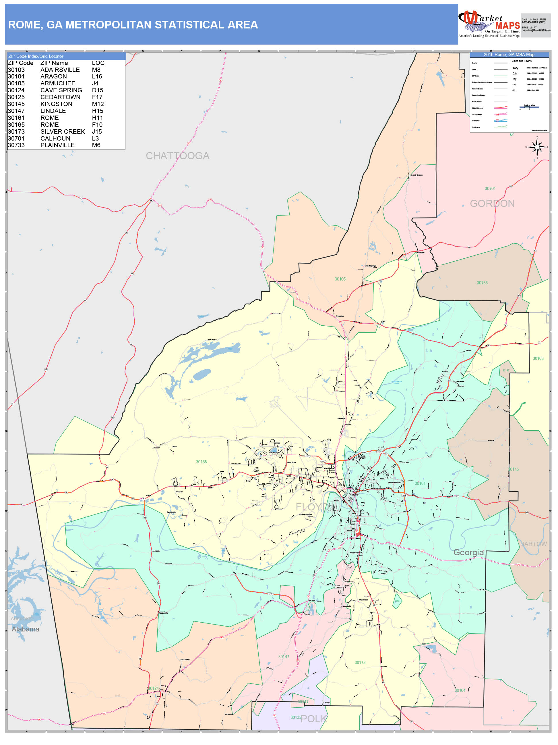 Rome, GA Metro Area Wall Map Color Cast Style by MarketMAPS MapSales