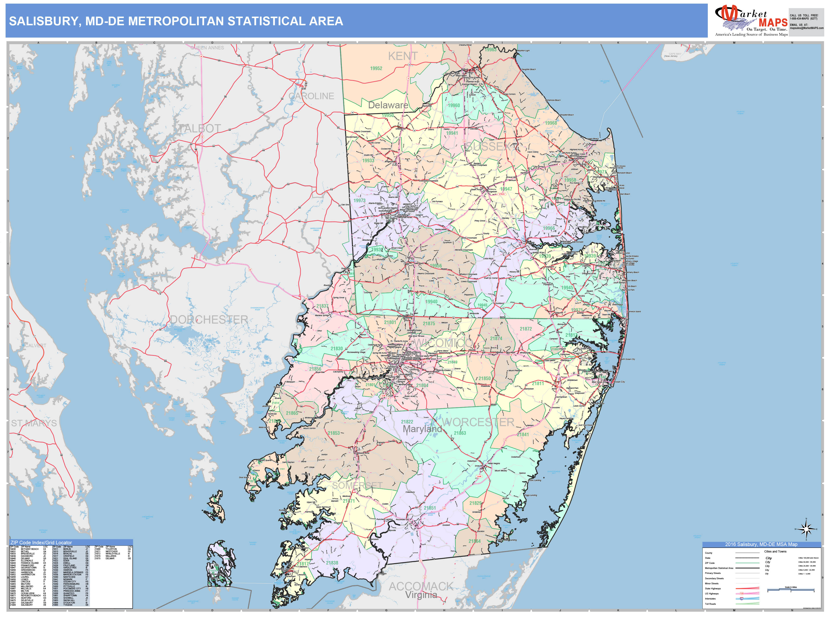 Salisbury, MD Metro Area Wall Map Color Cast Style by MarketMAPS