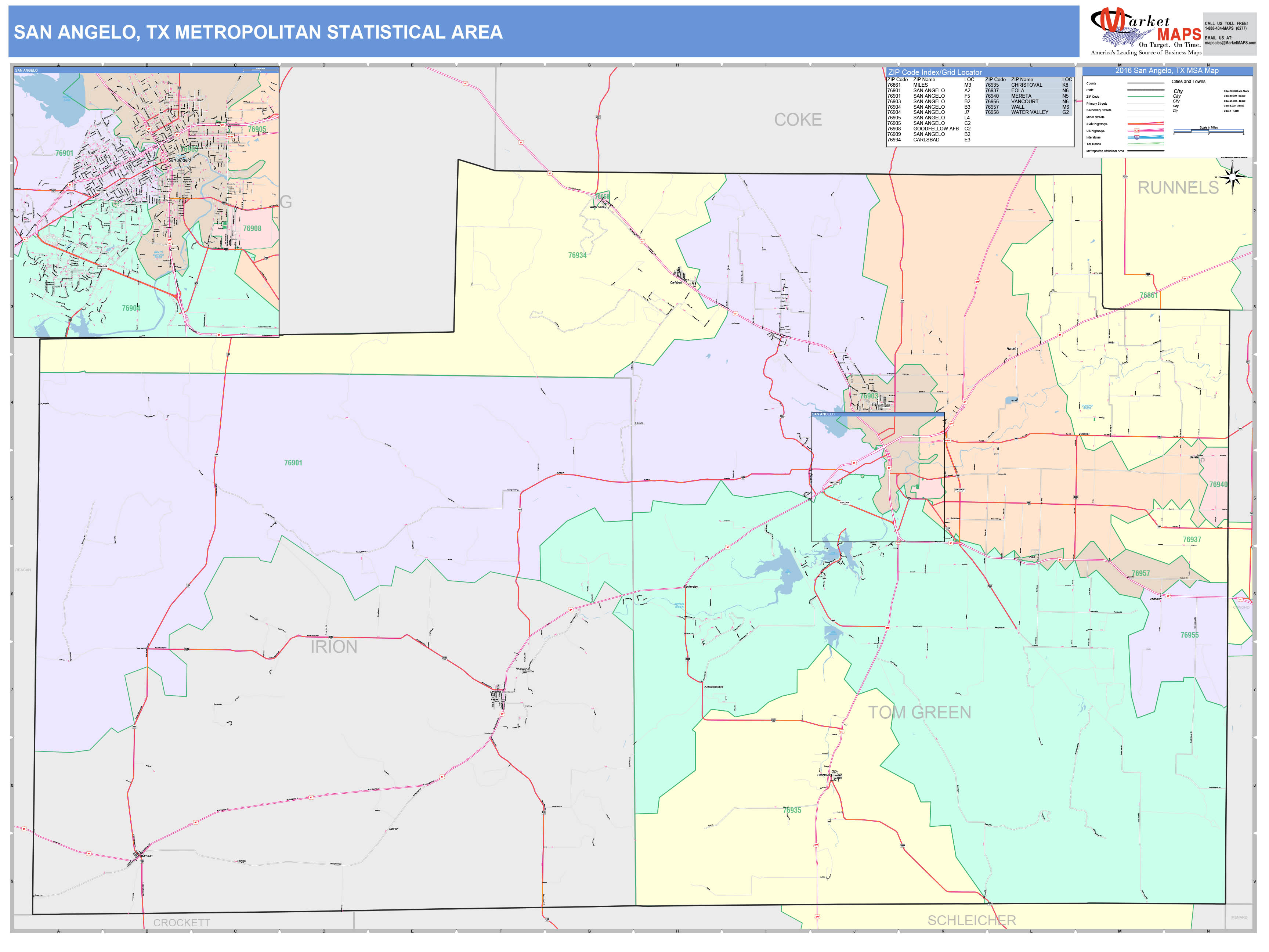 San Angelo, TX Metro Area Wall Map Color Cast Style by MarketMAPS