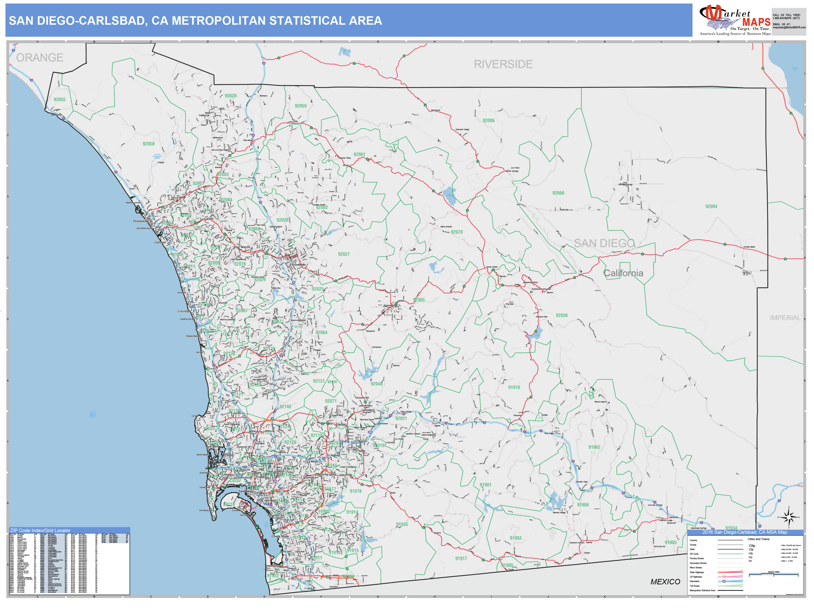 San DiegoCarlsbad, CA Metro Area Wall Map Color Cast Style by MarketMAPS