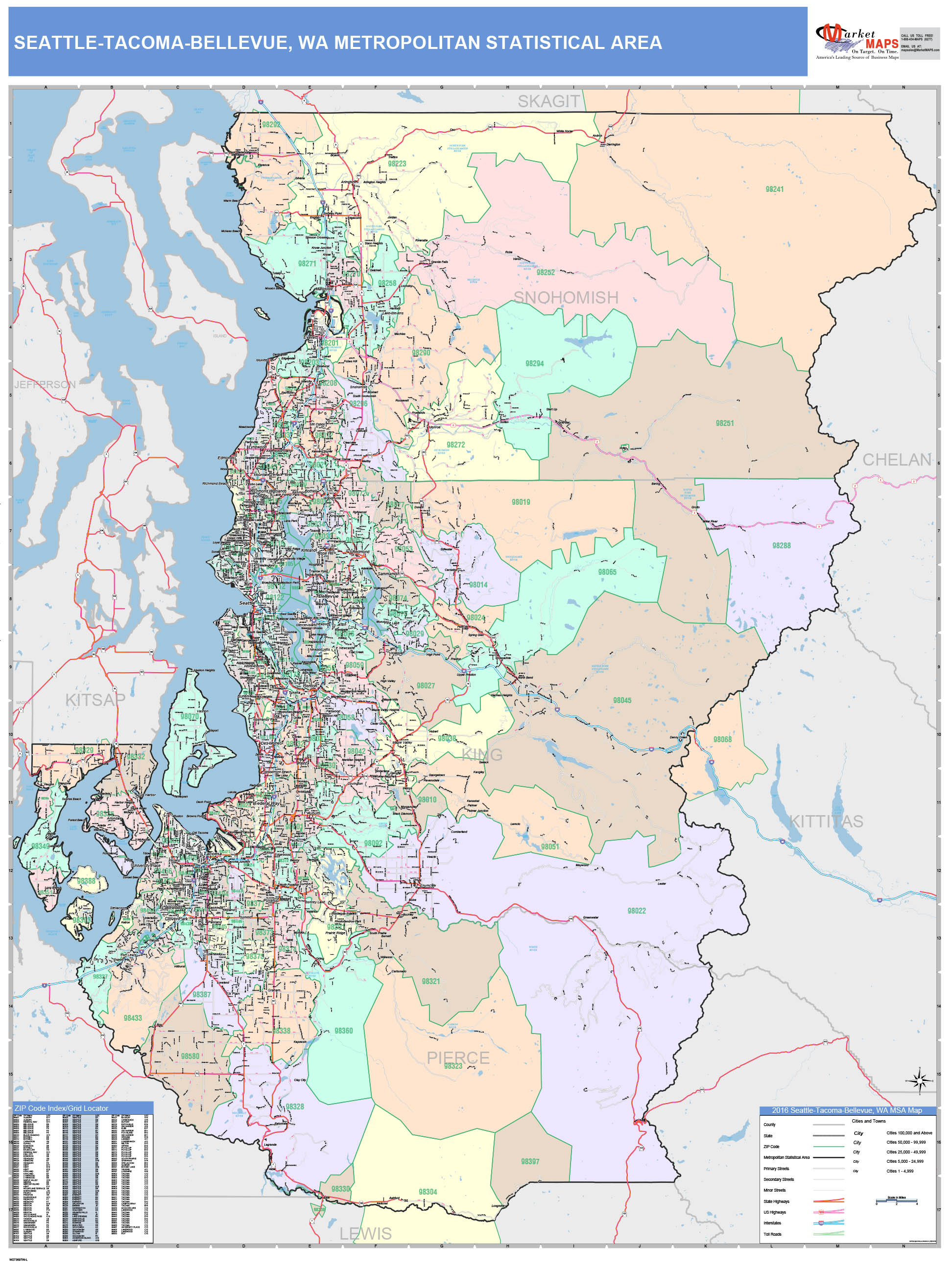 WA Metro Area Wall Map Color Cast Style by