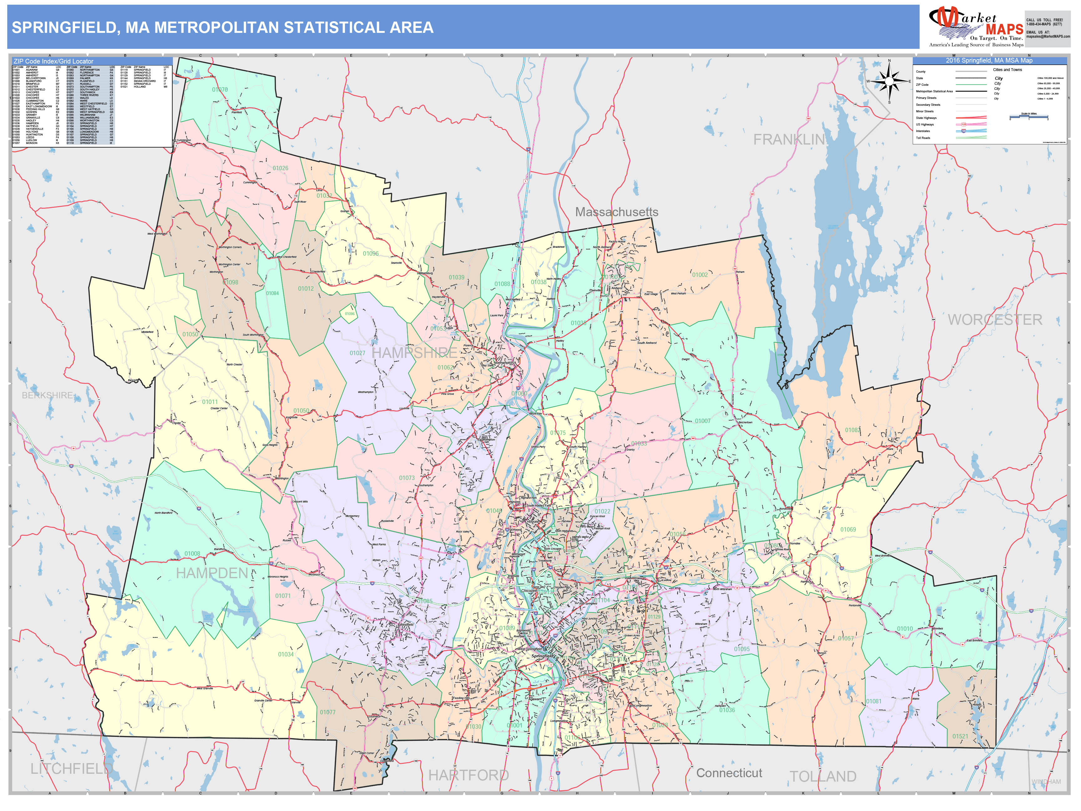 Springfield, MA Metro Area Wall Map Color Cast Style by MarketMAPS