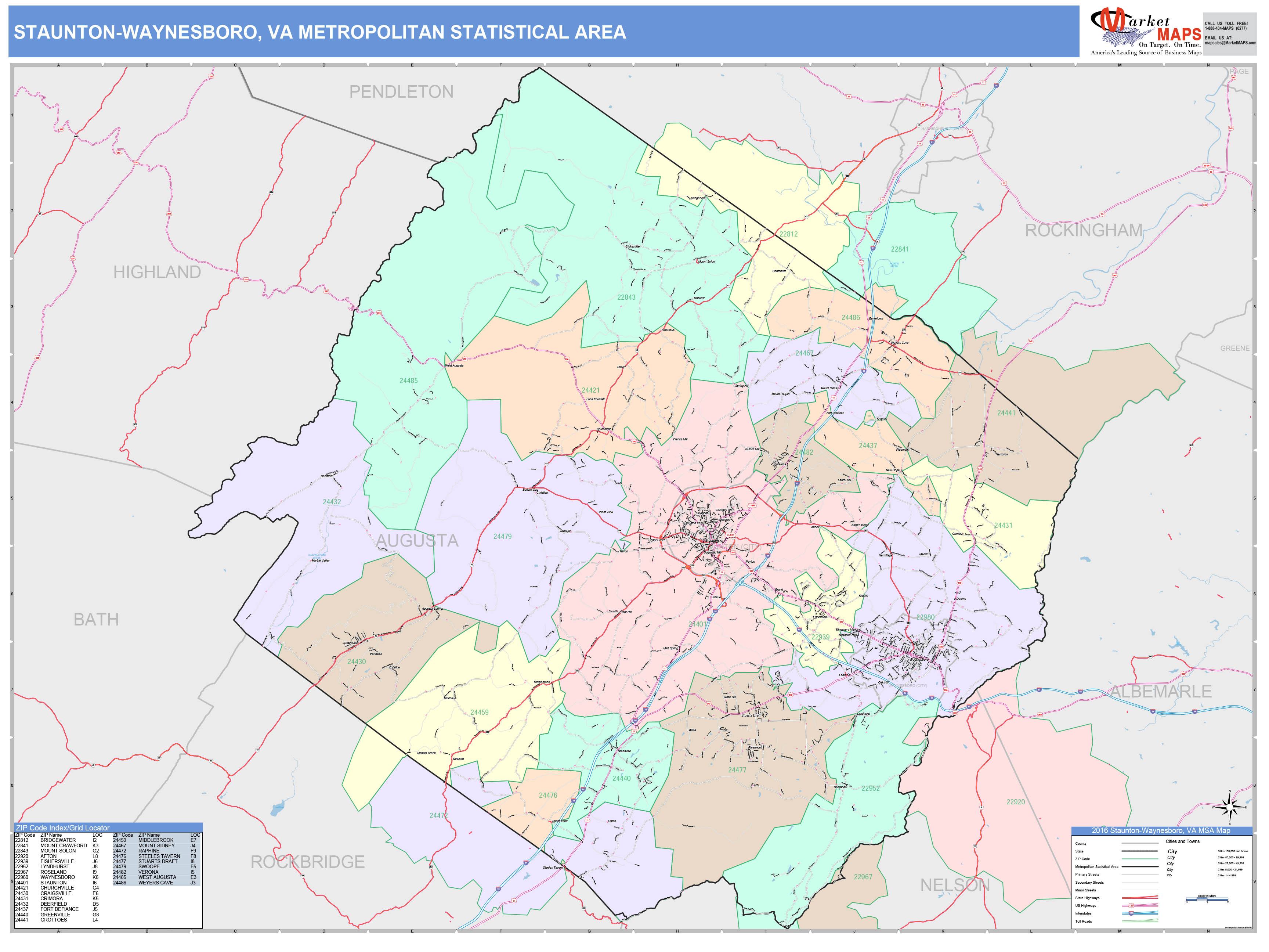 StauntonWaynesboro, VA Metro Area Wall Map Color Cast Style by MarketMAPS
