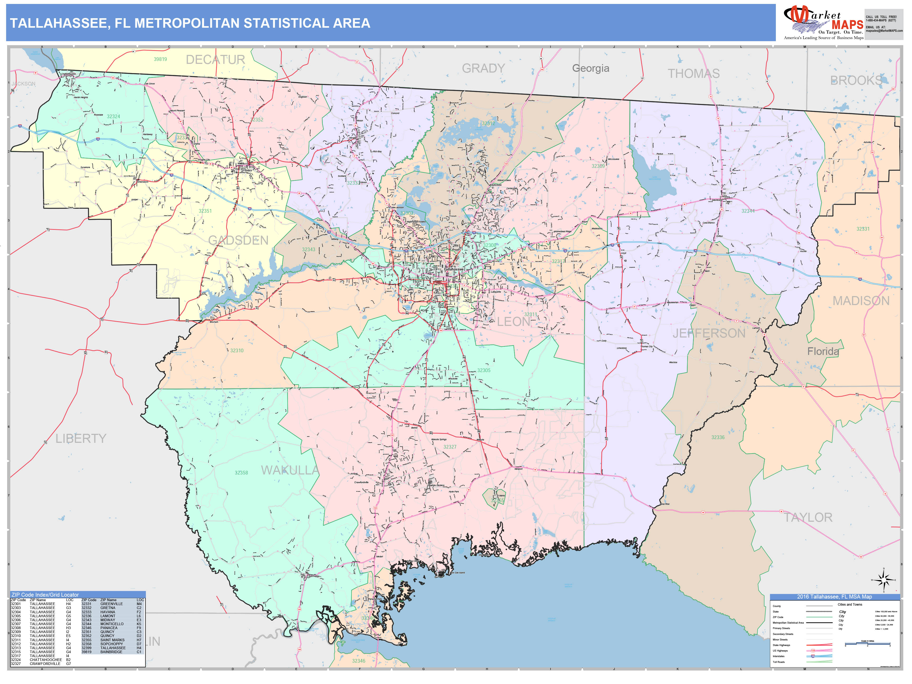 Tallahassee, FL Metro Area Wall Map Color Cast Style by MarketMAPS