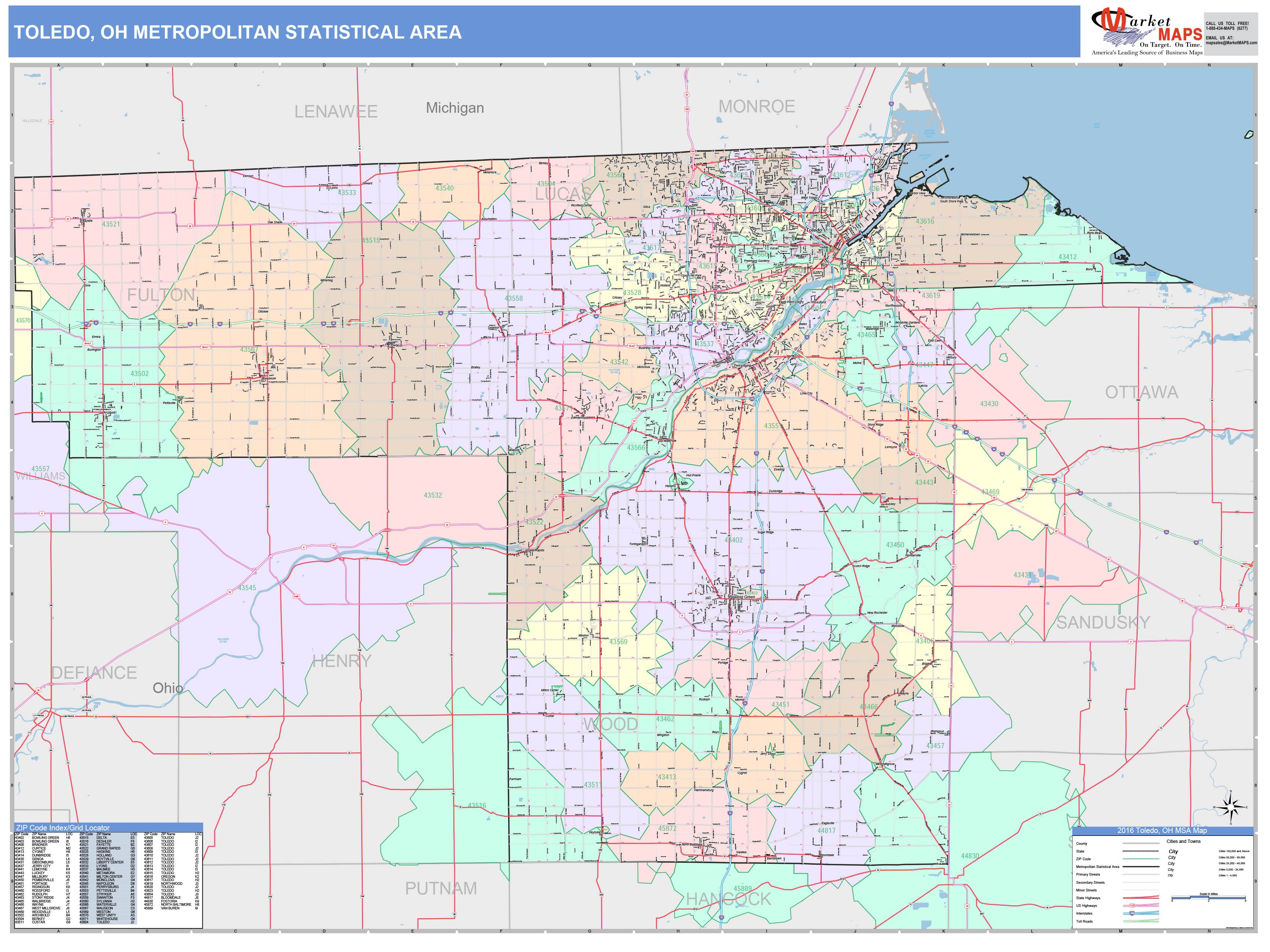 Toledo, OH Metro Area Wall Map Color Cast Style by MarketMAPS MapSales
