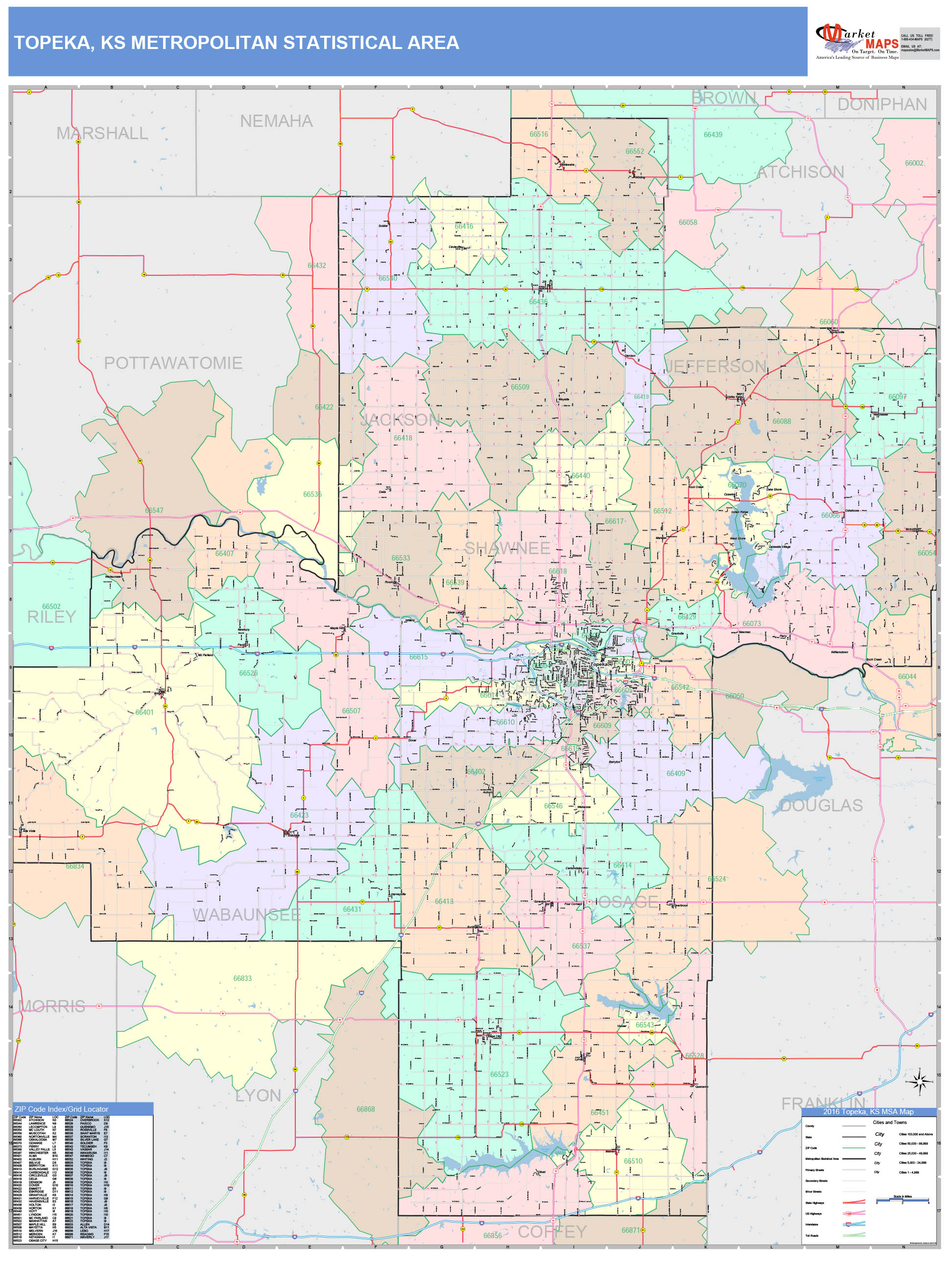 Topeka, KS Metro Area Wall Map Color Cast Style by MarketMAPS MapSales