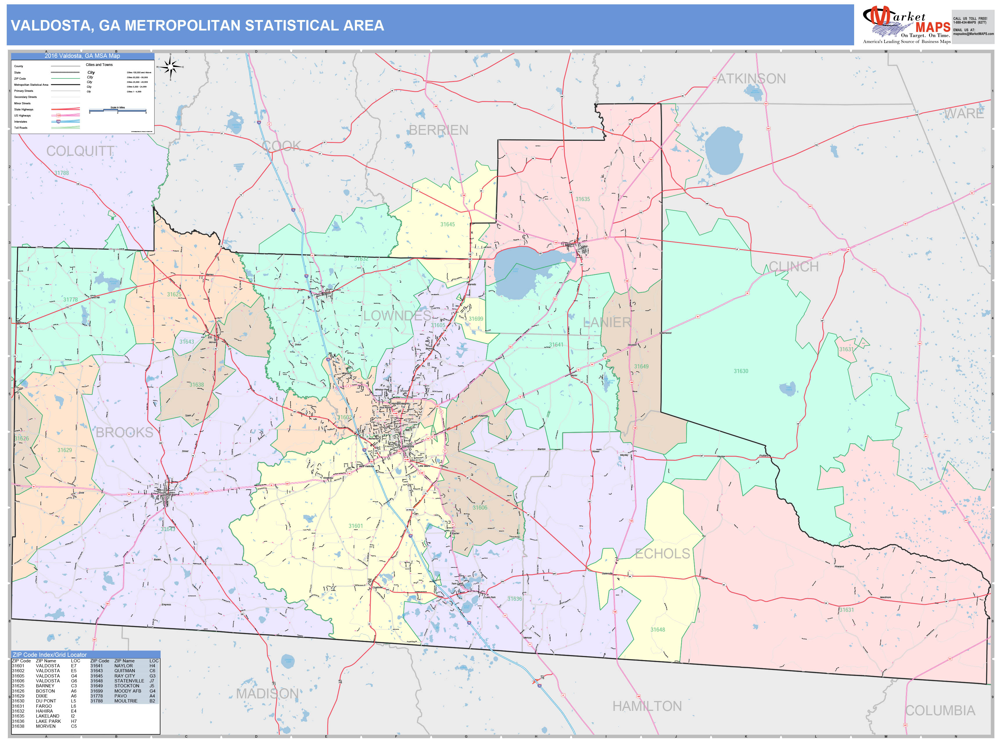Valdosta, GA Metro Area Wall Map Color Cast Style by MarketMAPS