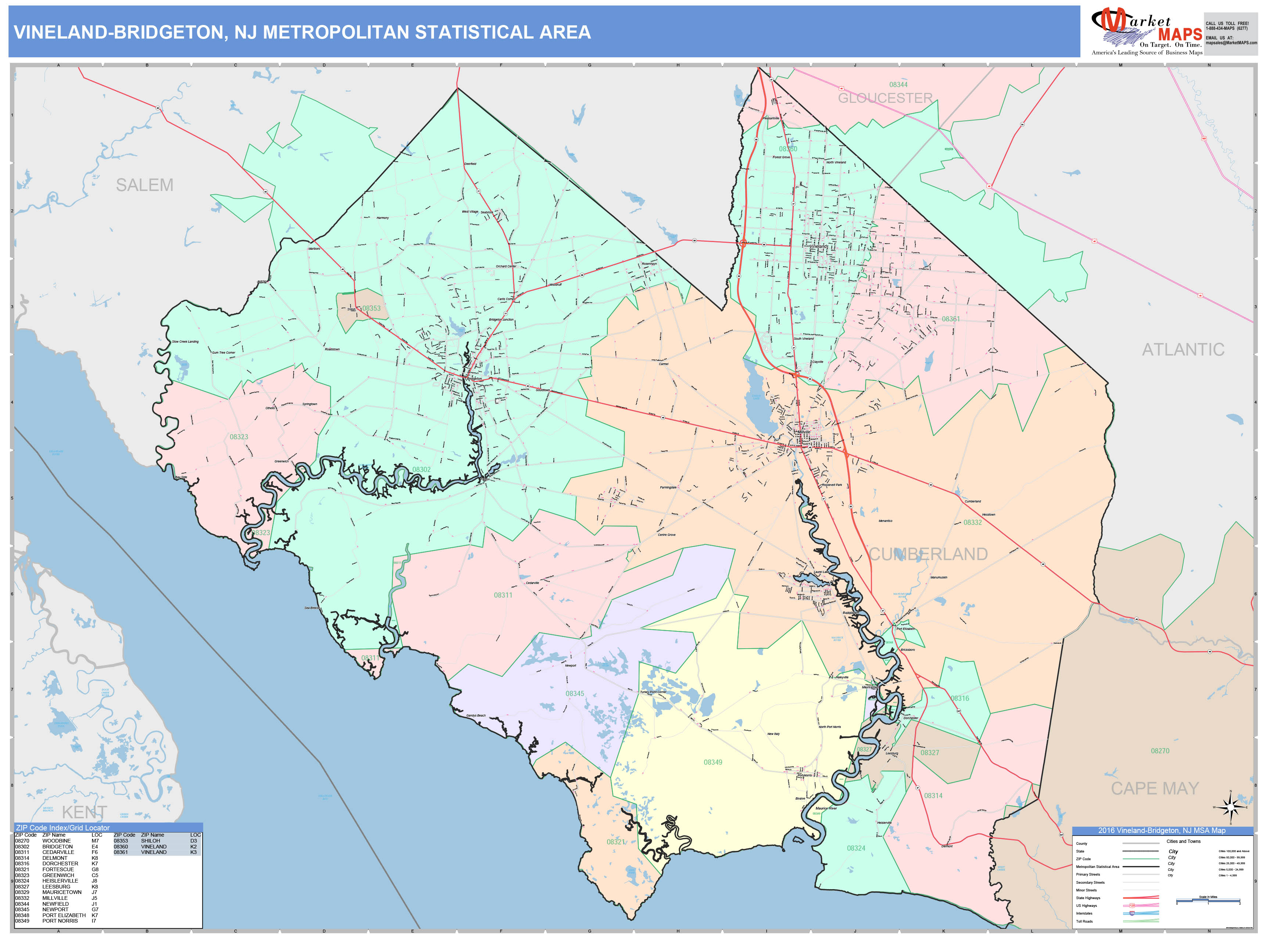 VinelandBridgeton, NJ Metro Area Wall Map Color Cast Style by MarketMAPS