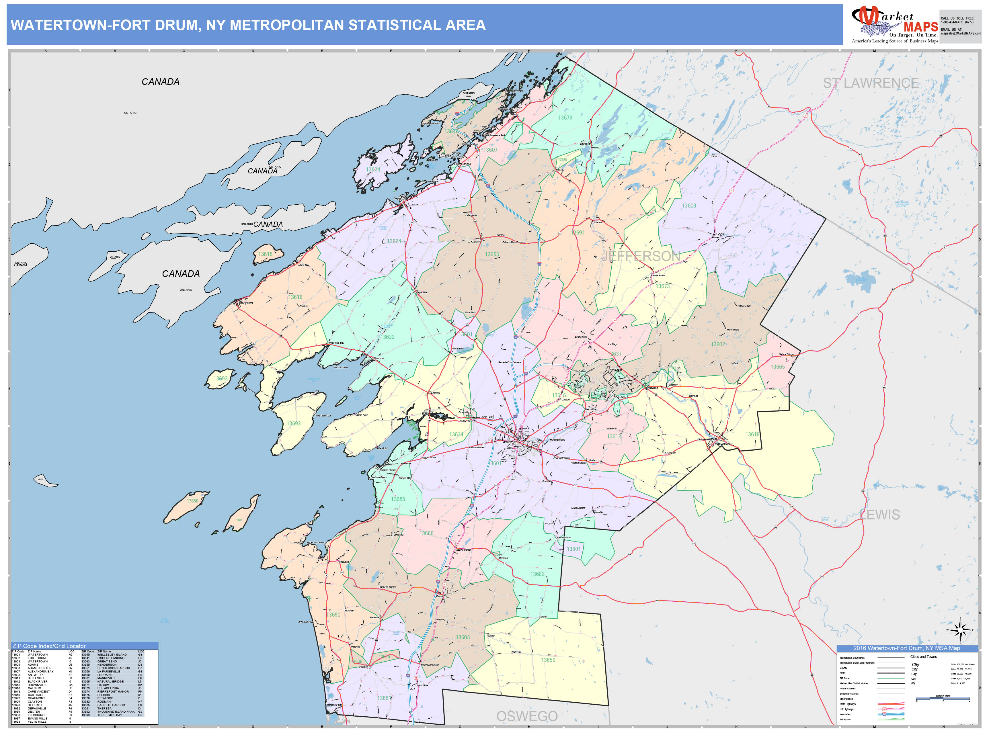 WatertownFort Drum, NY Metro Area Wall Map Color Cast Style by