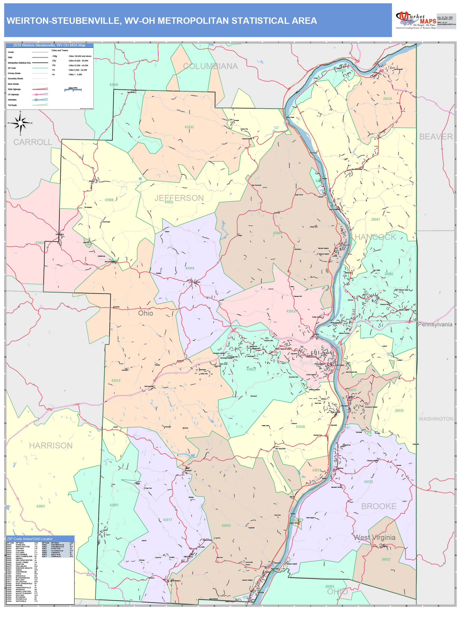 WeirtonSteubenville, WV Metro Area Wall Map Color Cast Style by MarketMAPS