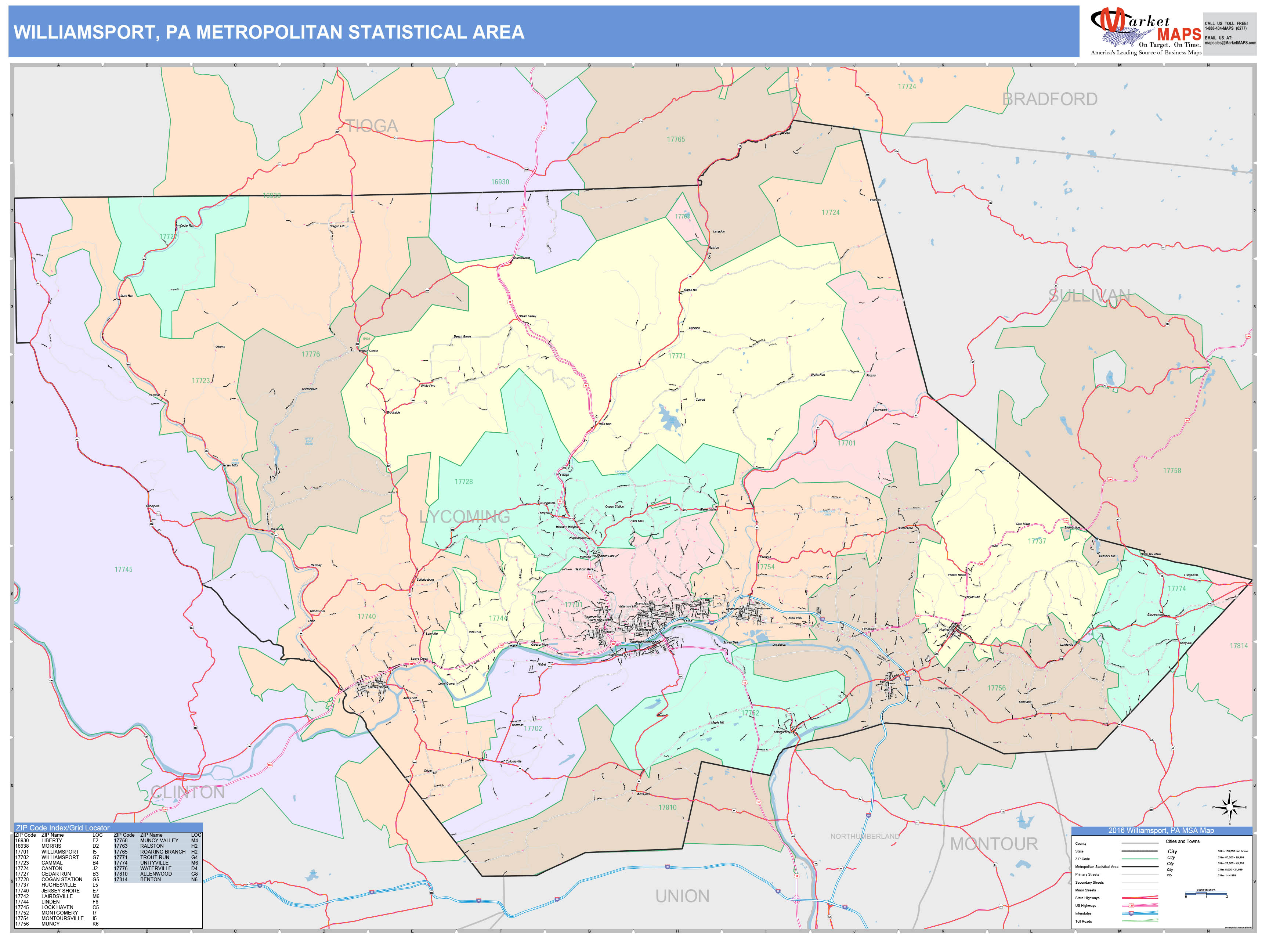 Williamsport, PA Metro Area Wall Map Color Cast Style by MarketMAPS
