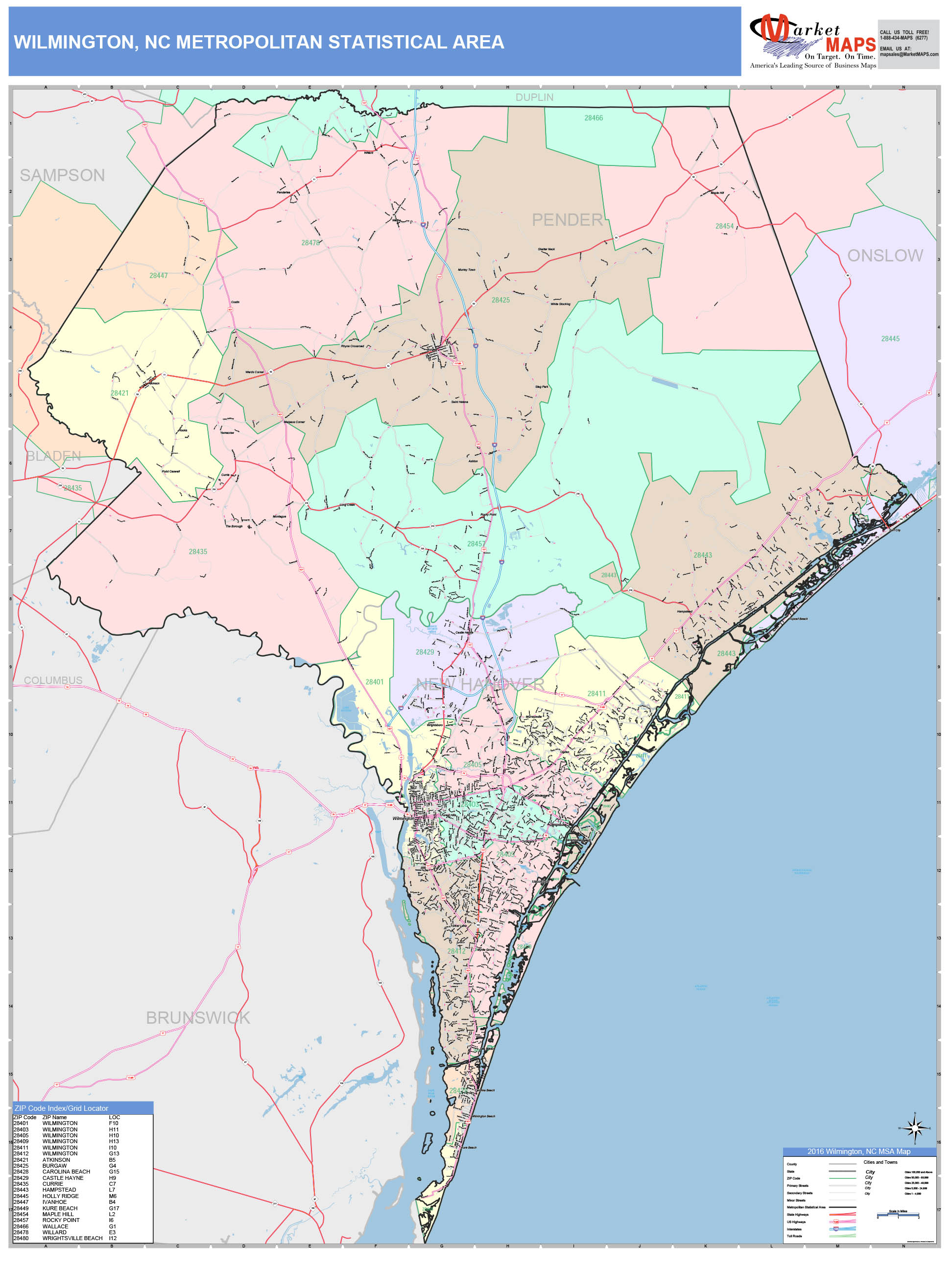 Wilmington Nc Metro Area Wall Map Color Cast Style By Marketmaps