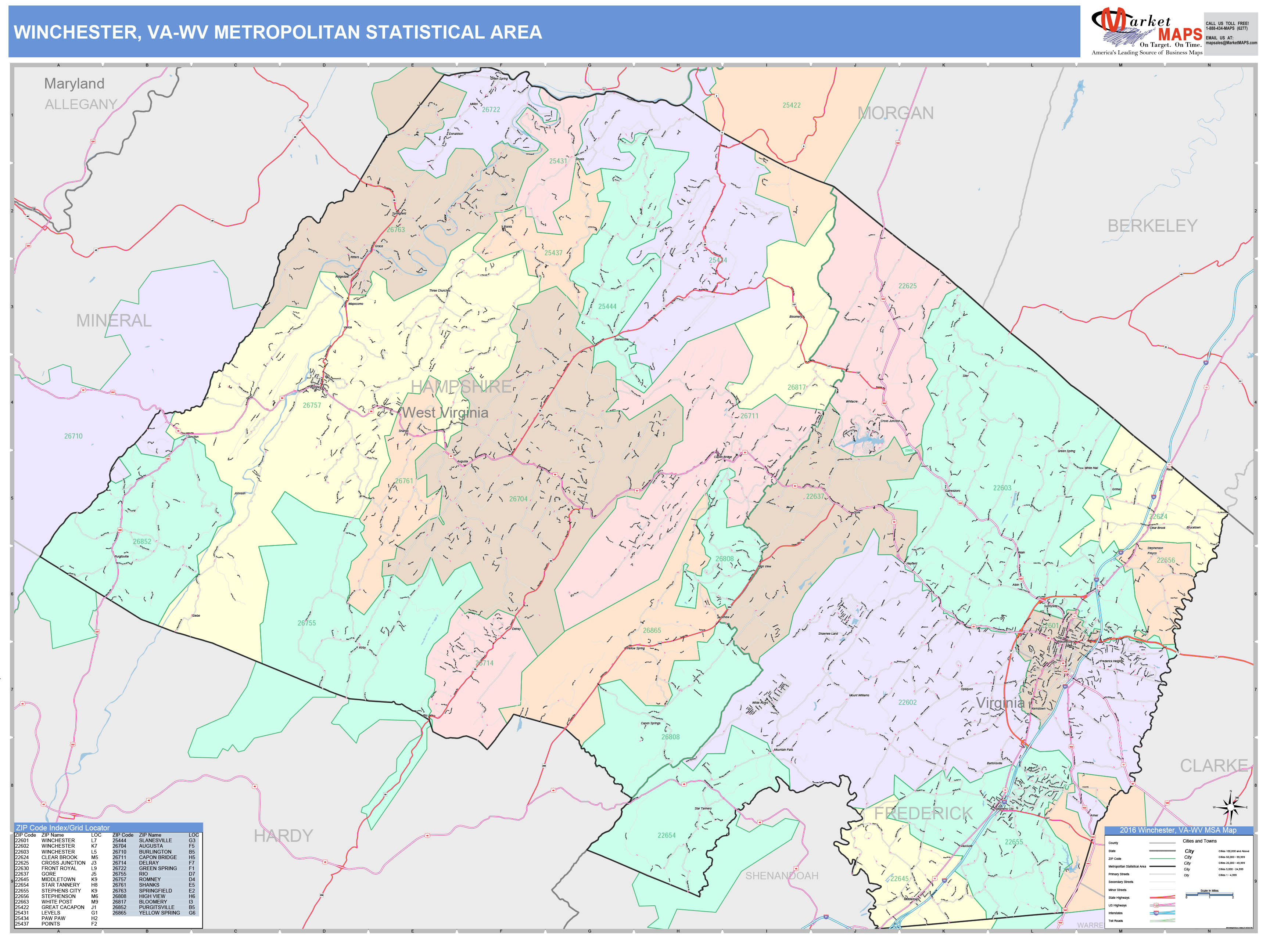Winchester, VA Metro Area Wall Map Color Cast Style by MarketMAPS