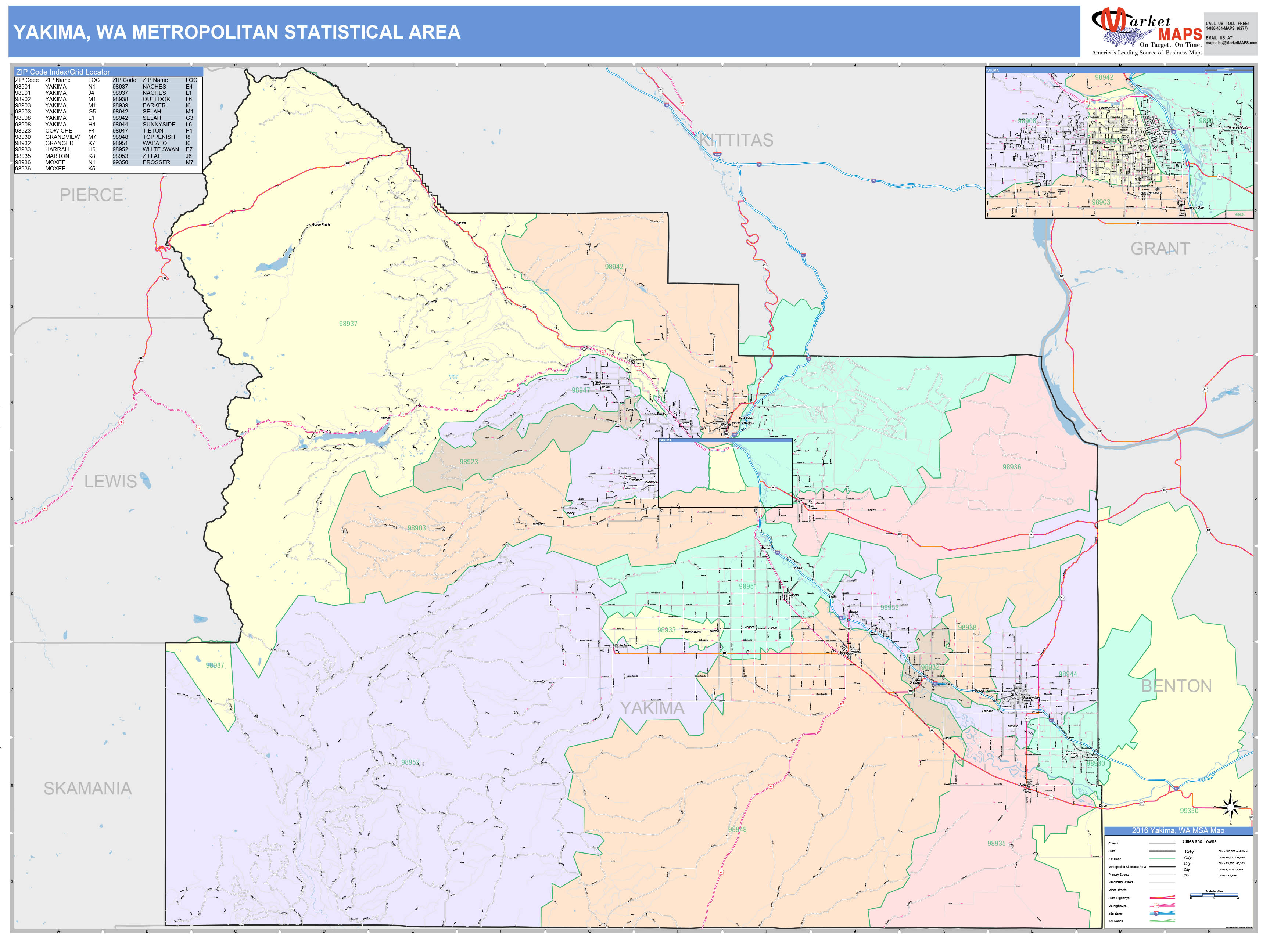 Yakima, WA Metro Area Wall Map Color Cast Style by MarketMAPS