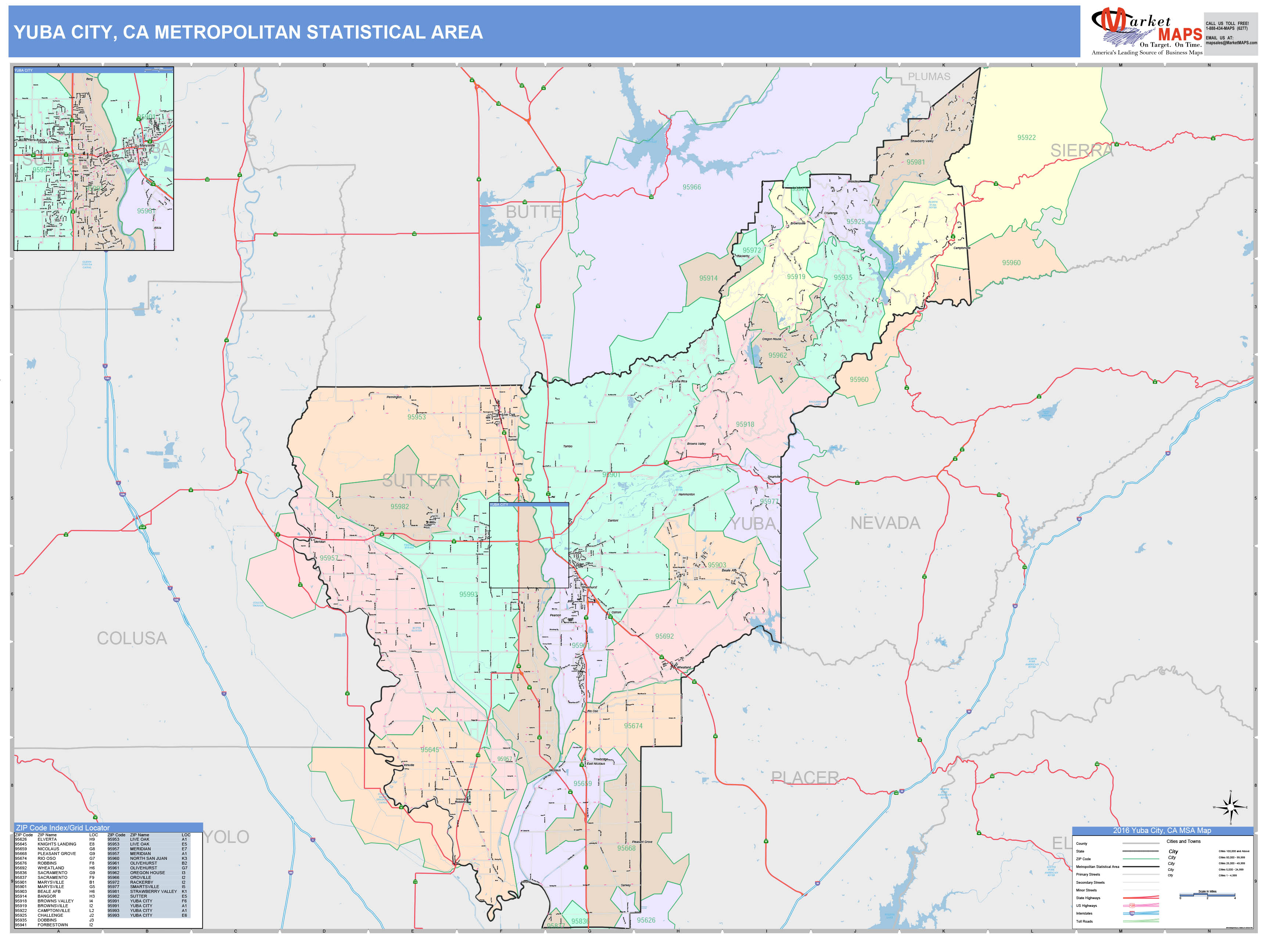 Yuba City, CA Metro Area Wall Map Color Cast Style by MarketMAPS