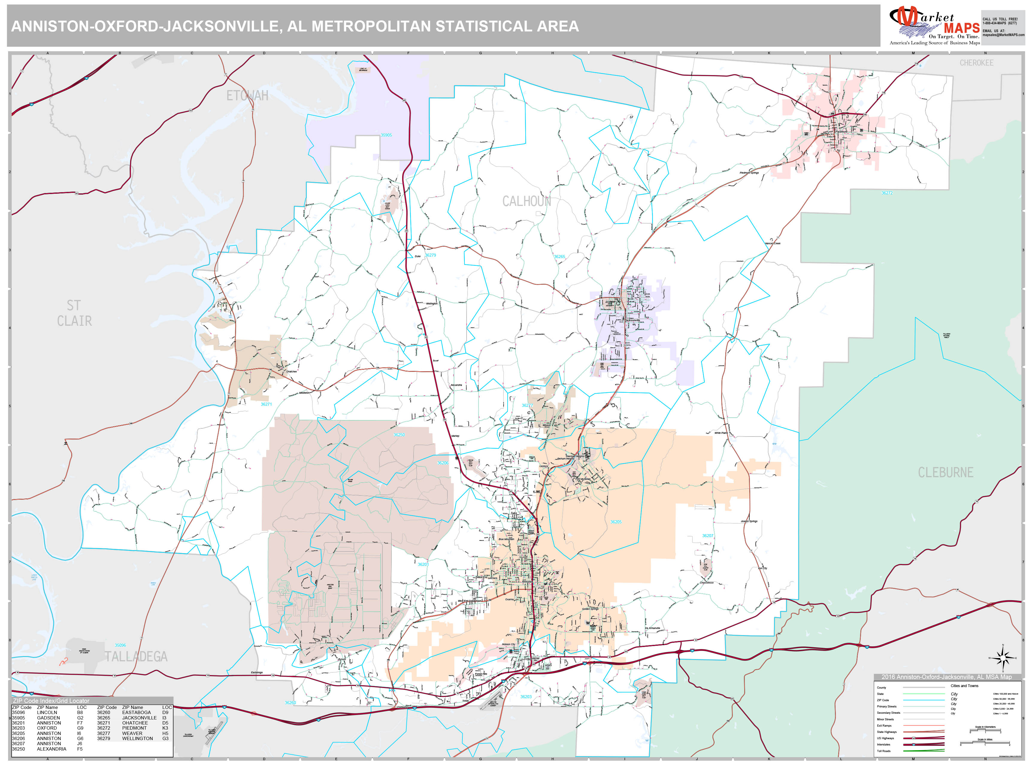 AnnistonOxfordJacksonville, AL Metro Area Wall Map Premium Style by
