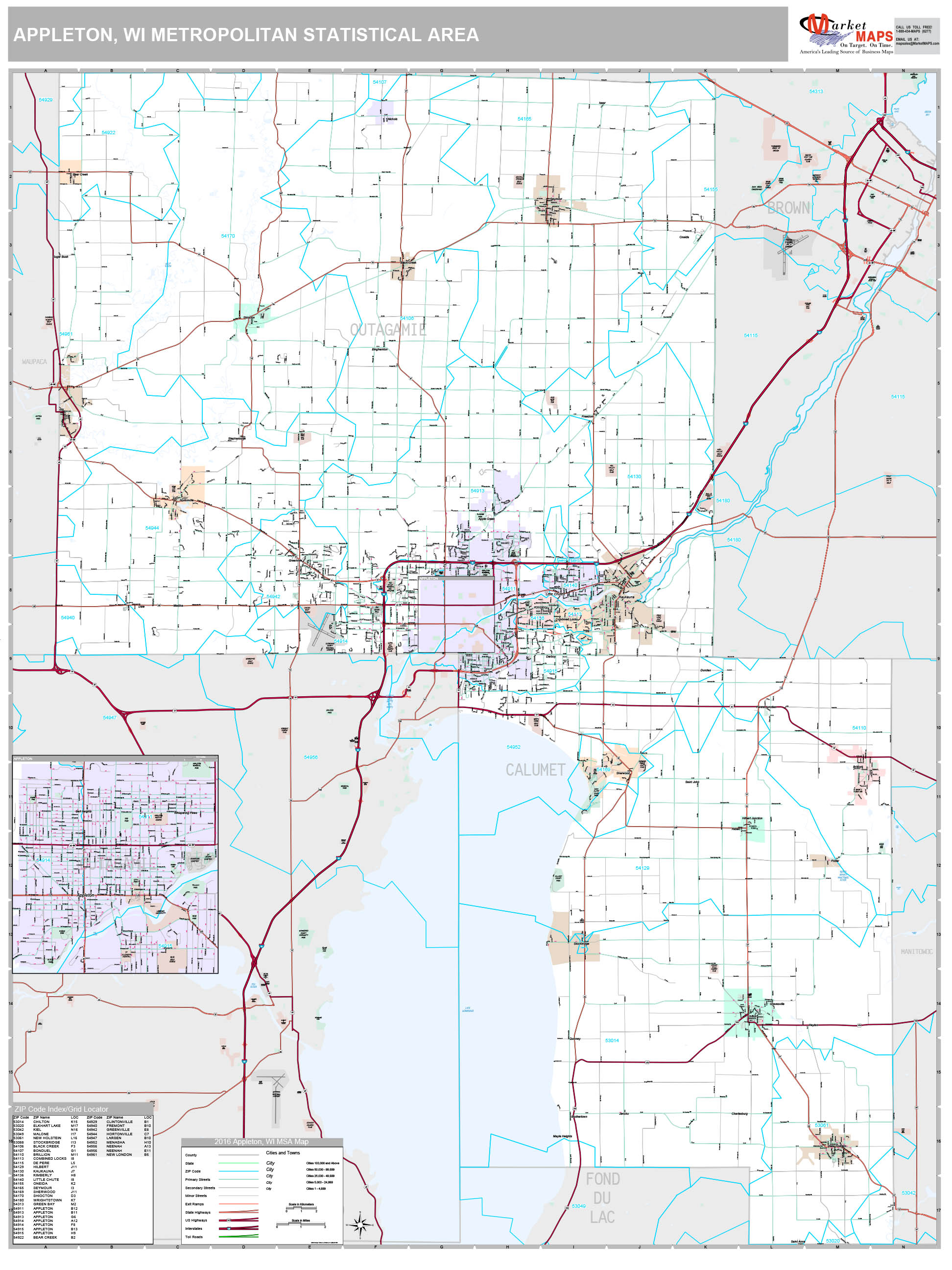 Appleton, WI Metro Area Wall Map Premium Style by MarketMAPS