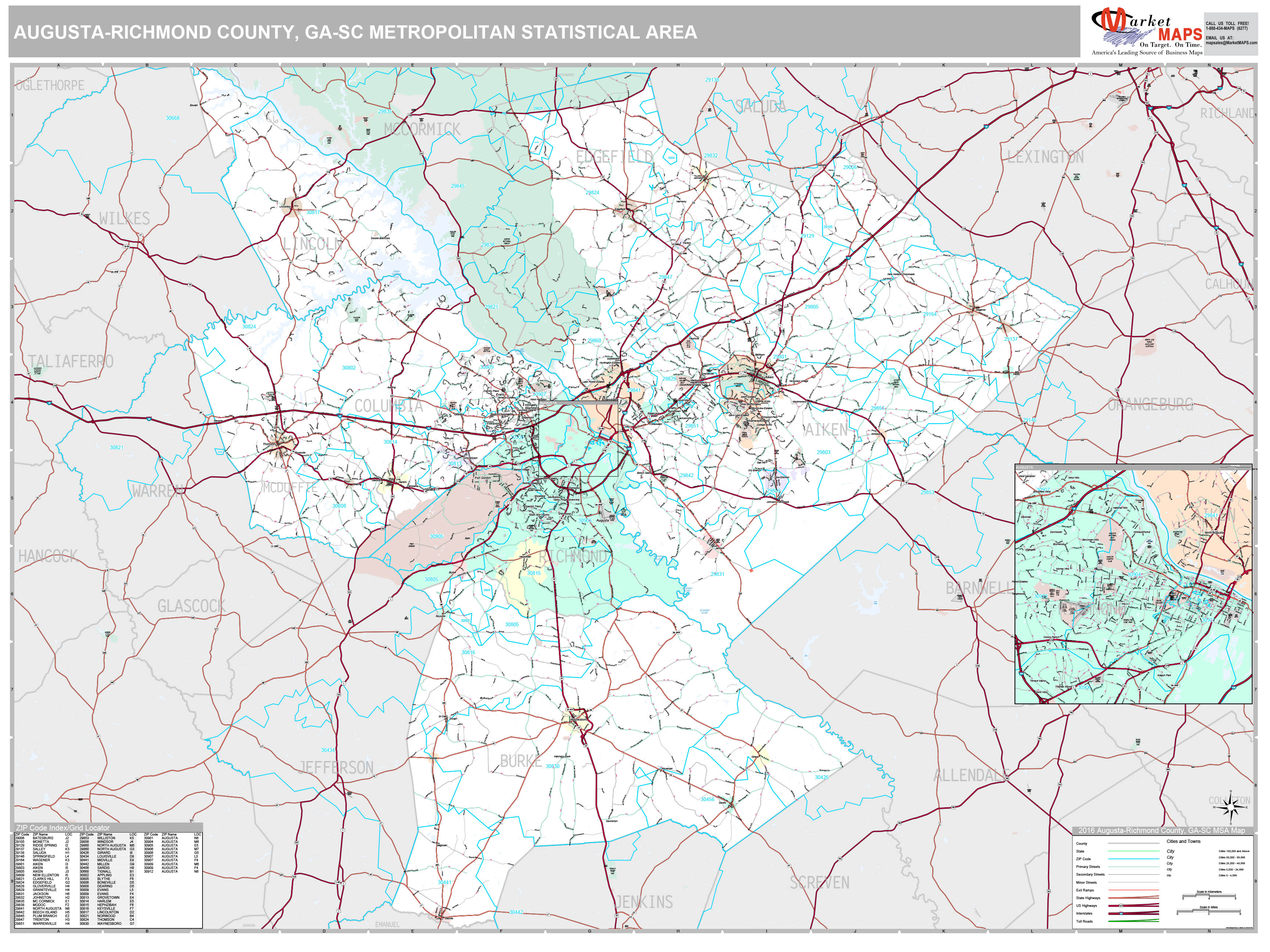 AugustaRichmond County, GA Metro Area Wall Map Premium Style by MarketMAPS