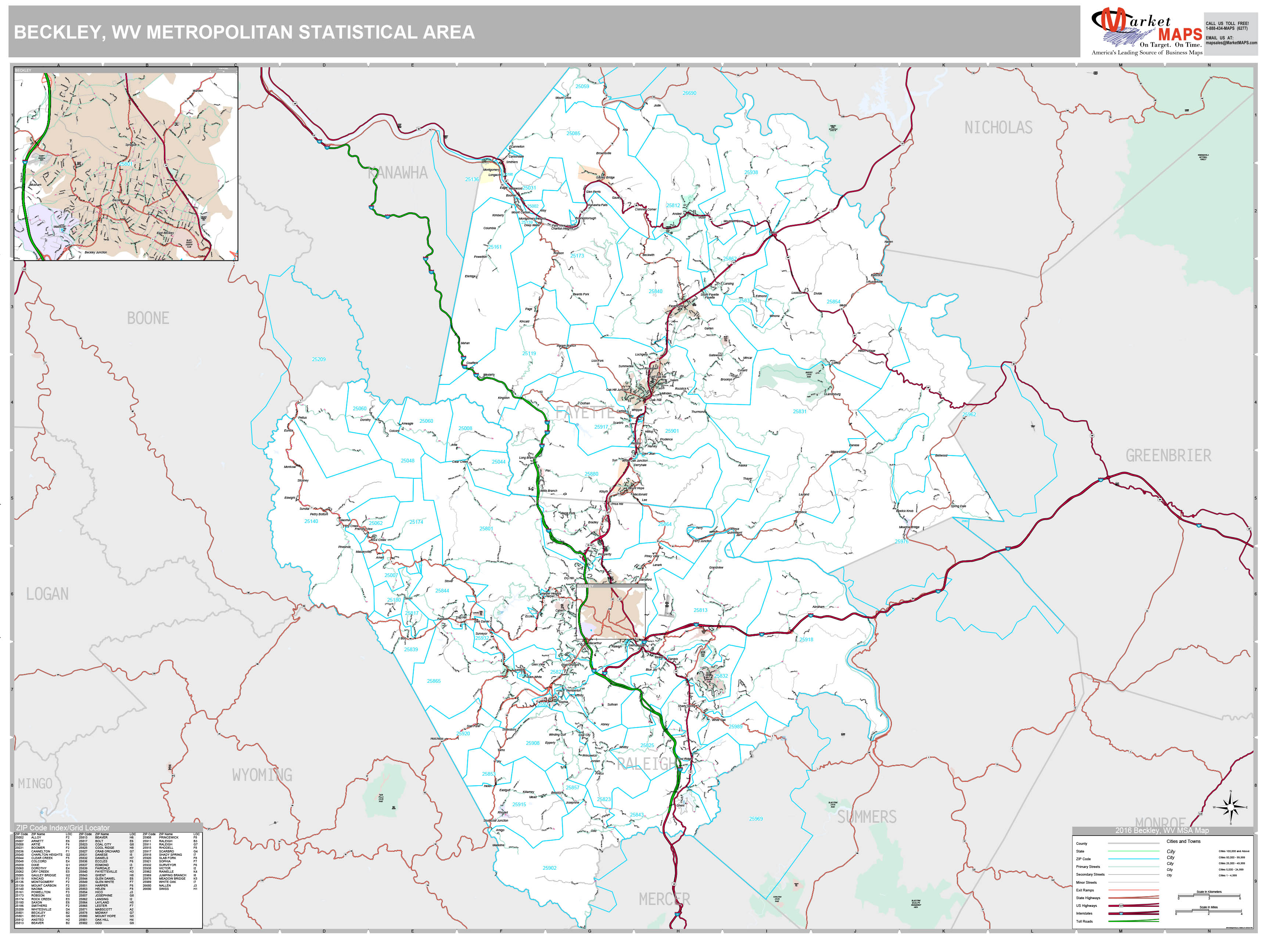 Beckley, WV Metro Area Wall Map Premium Style by MarketMAPS