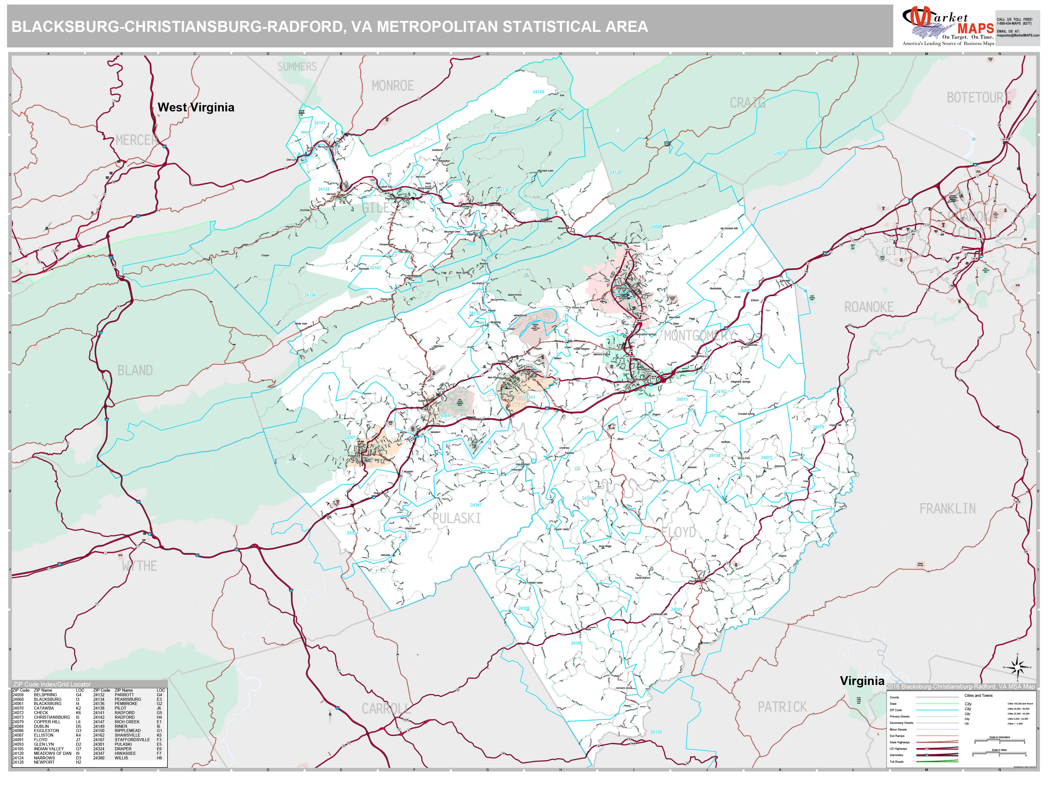 BlacksburgChristiansburgRadford, VA Metro Area Wall Map Premium Style