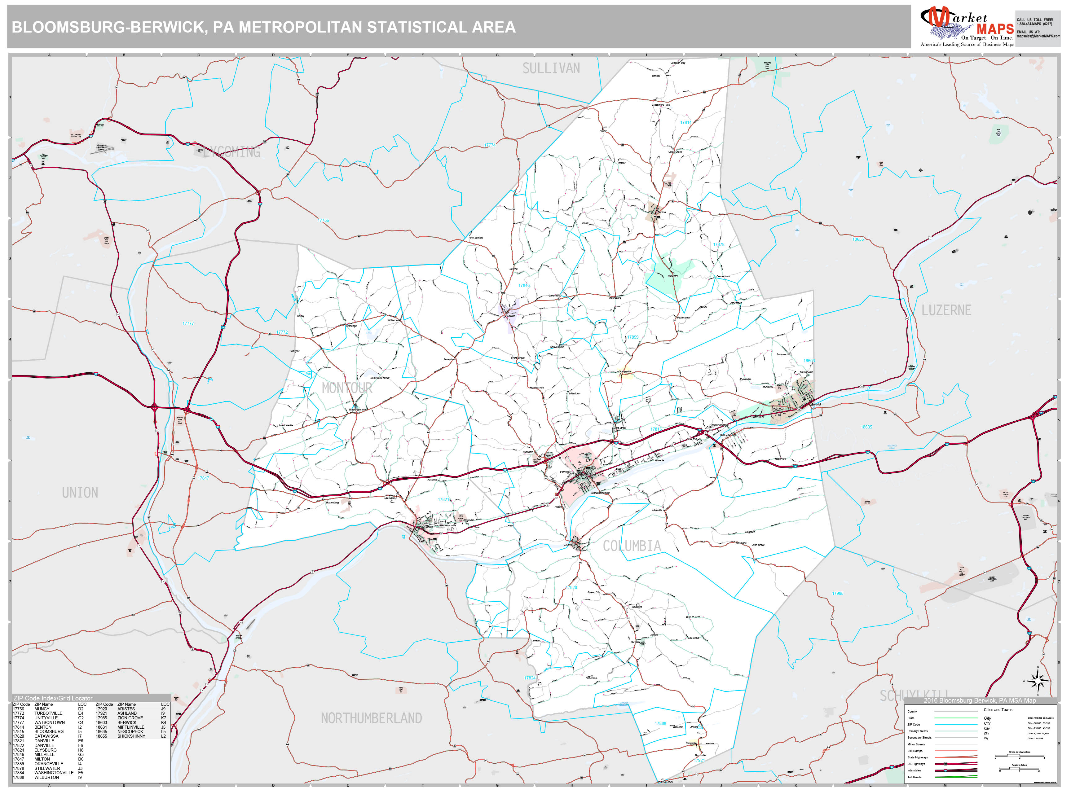 BloomsburgBerwick, PA Metro Area Wall Map Premium Style by MarketMAPS