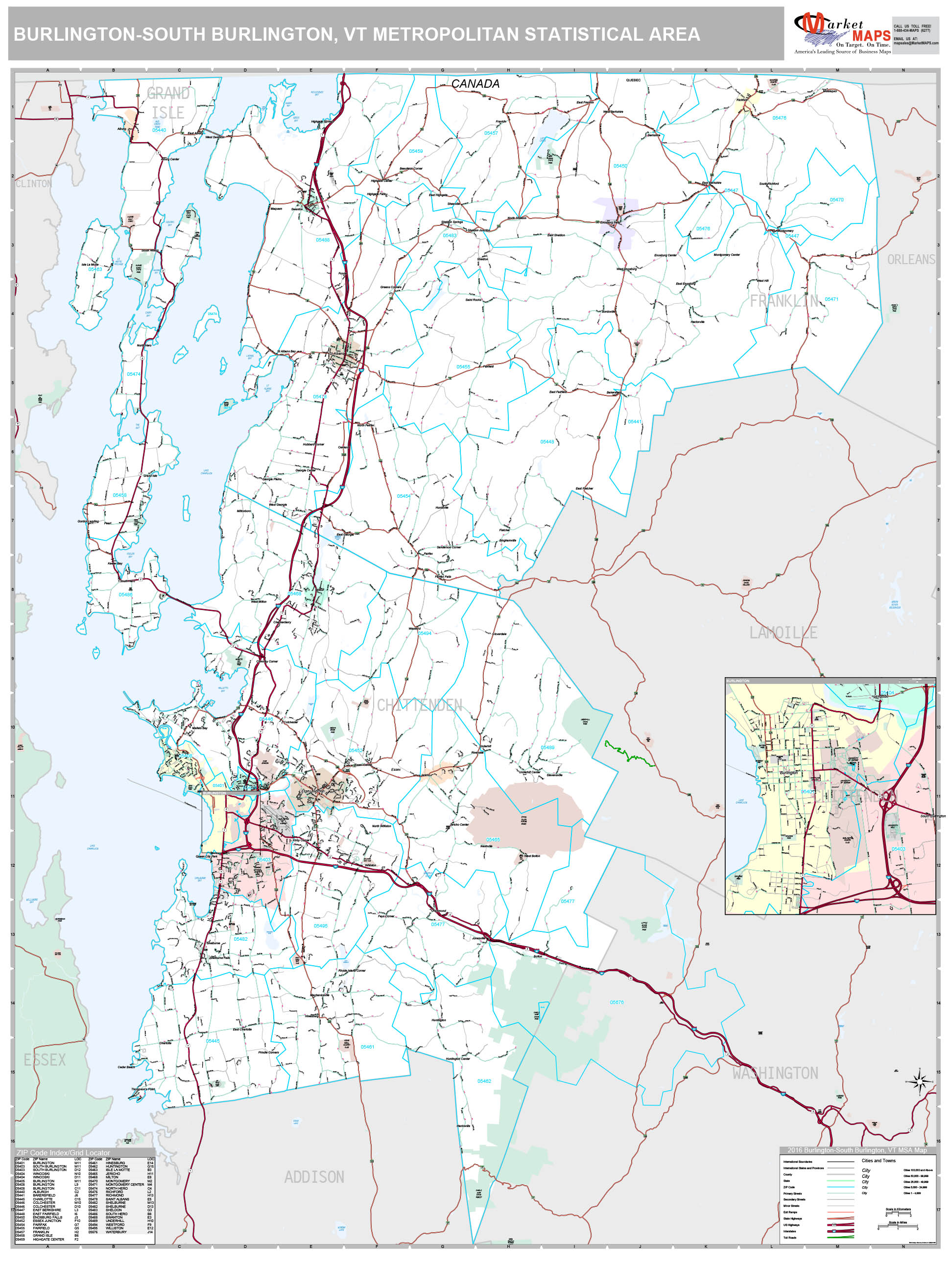 BurlingtonSouth Burlington, VT Metro Area Wall Map Premium Style by MarketMAPS MapSales