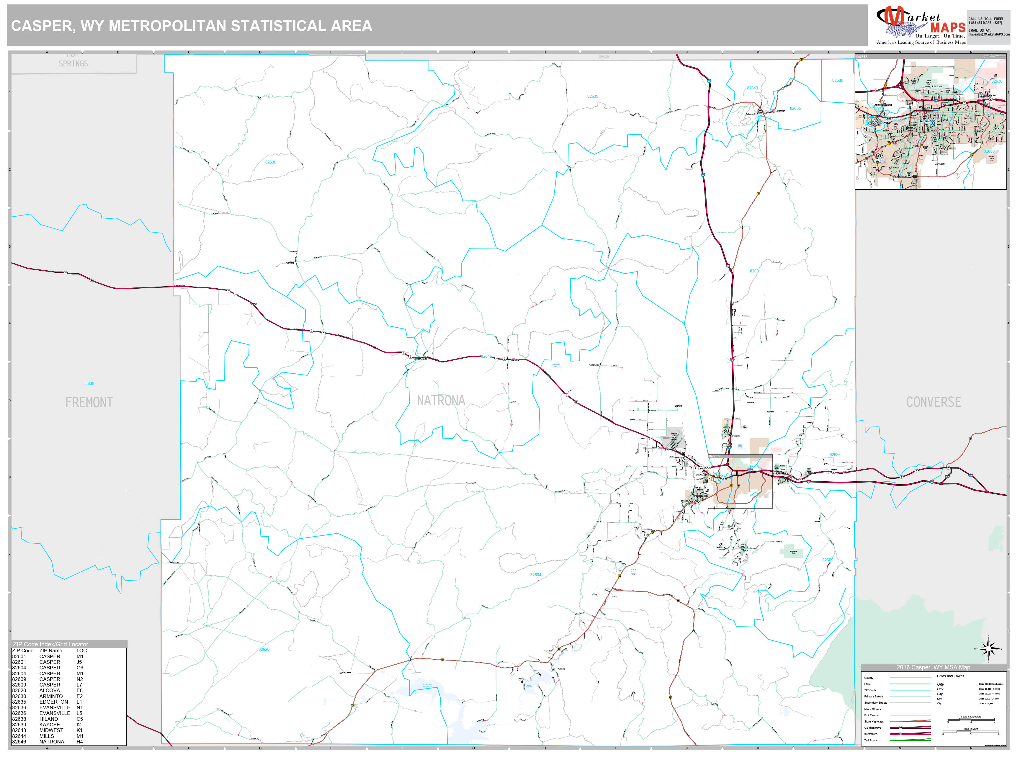 Casper, WY Metro Area Wall Map Premium Style by MarketMAPS - MapSales
