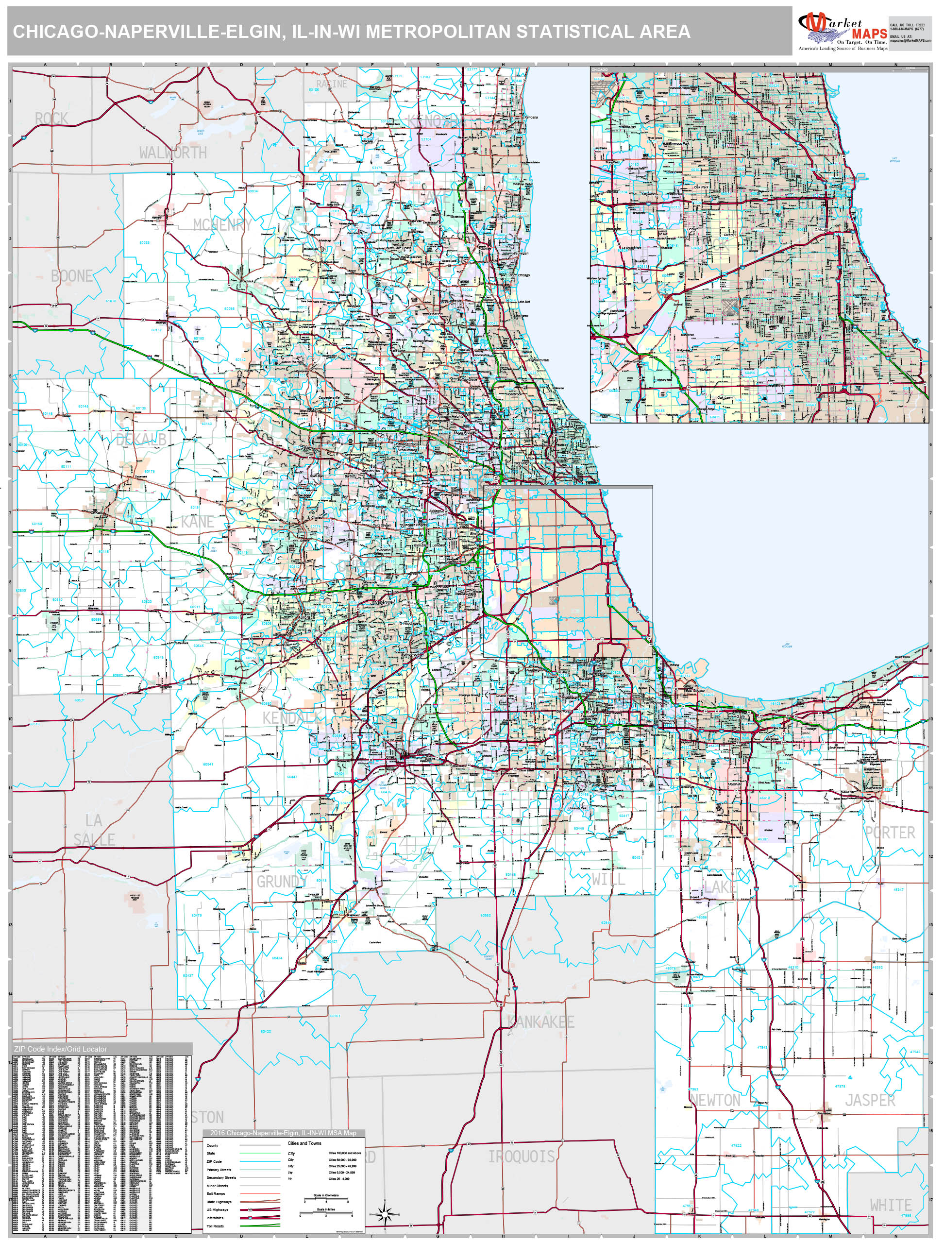 ChicagoNapervilleElgin, IL Metro Area Wall Map Premium Style by