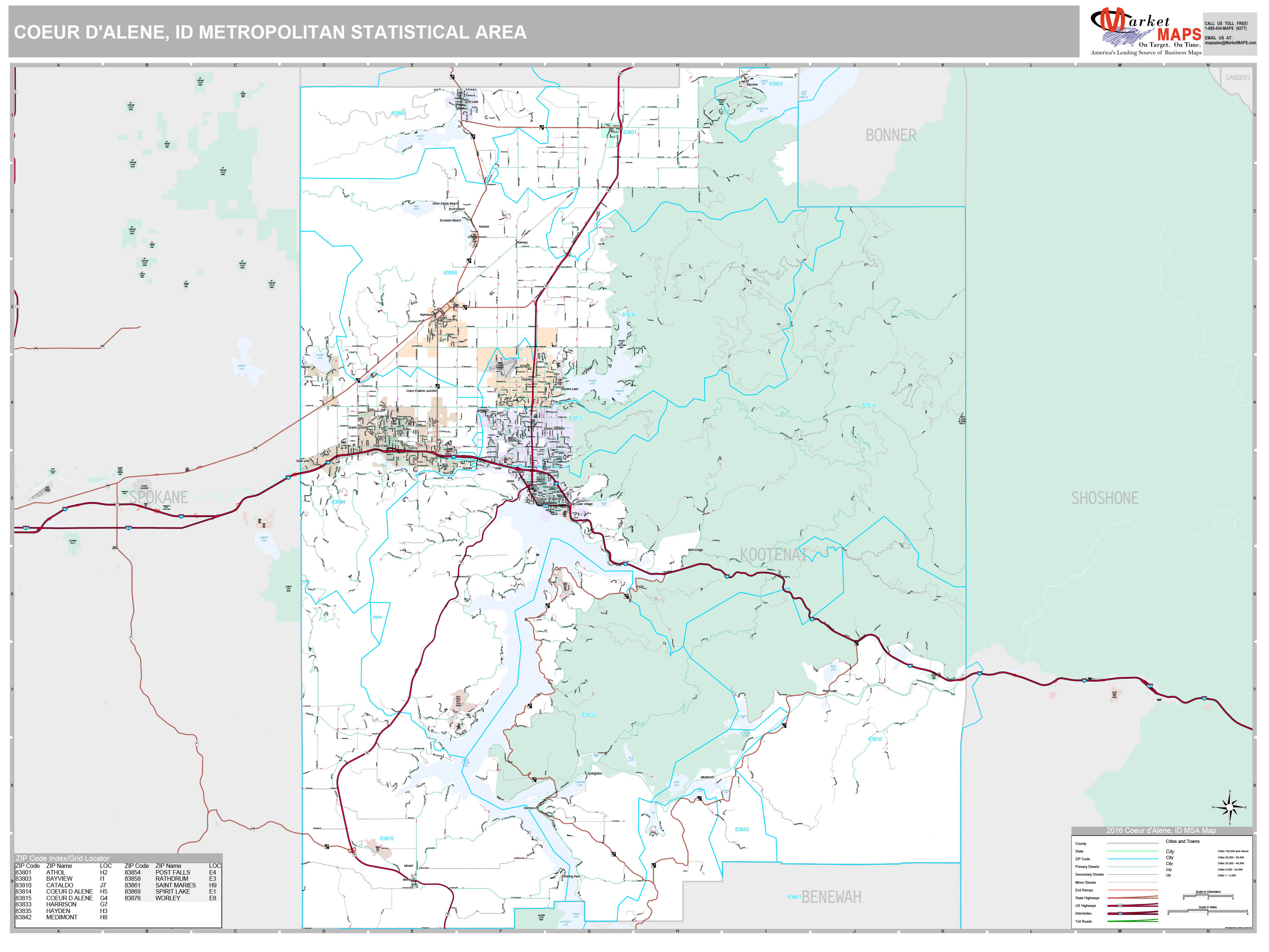 Coeur d'Alene, ID Metro Area Wall Map Premium Style by MarketMAPS