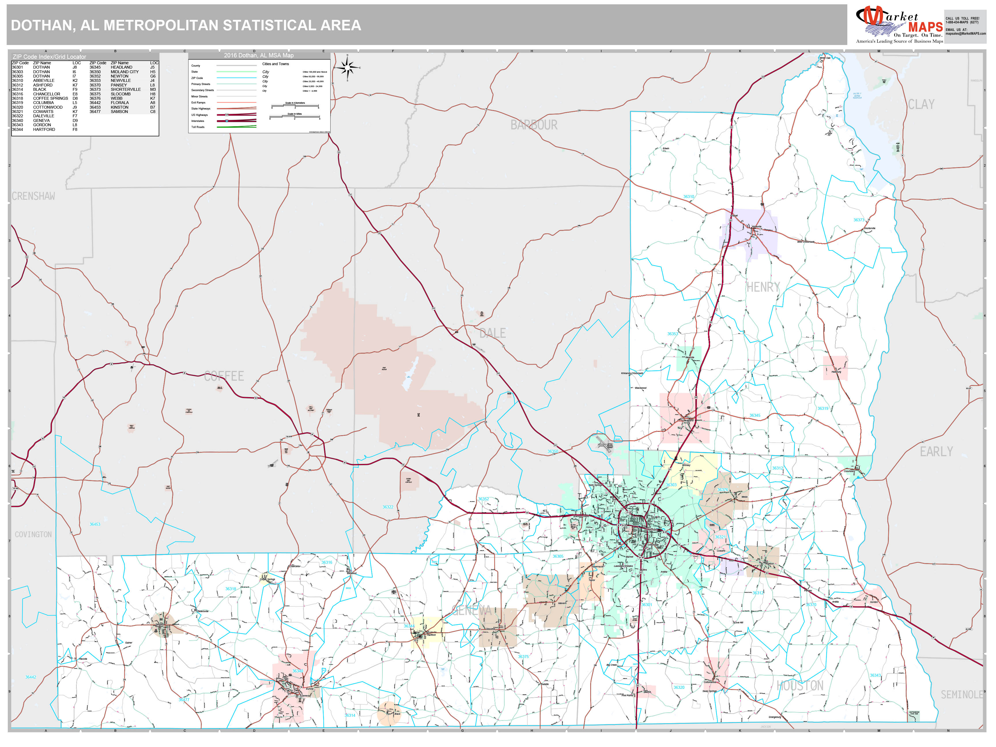 Dothan, AL Metro Area Wall Map Premium Style by MarketMAPS MapSales