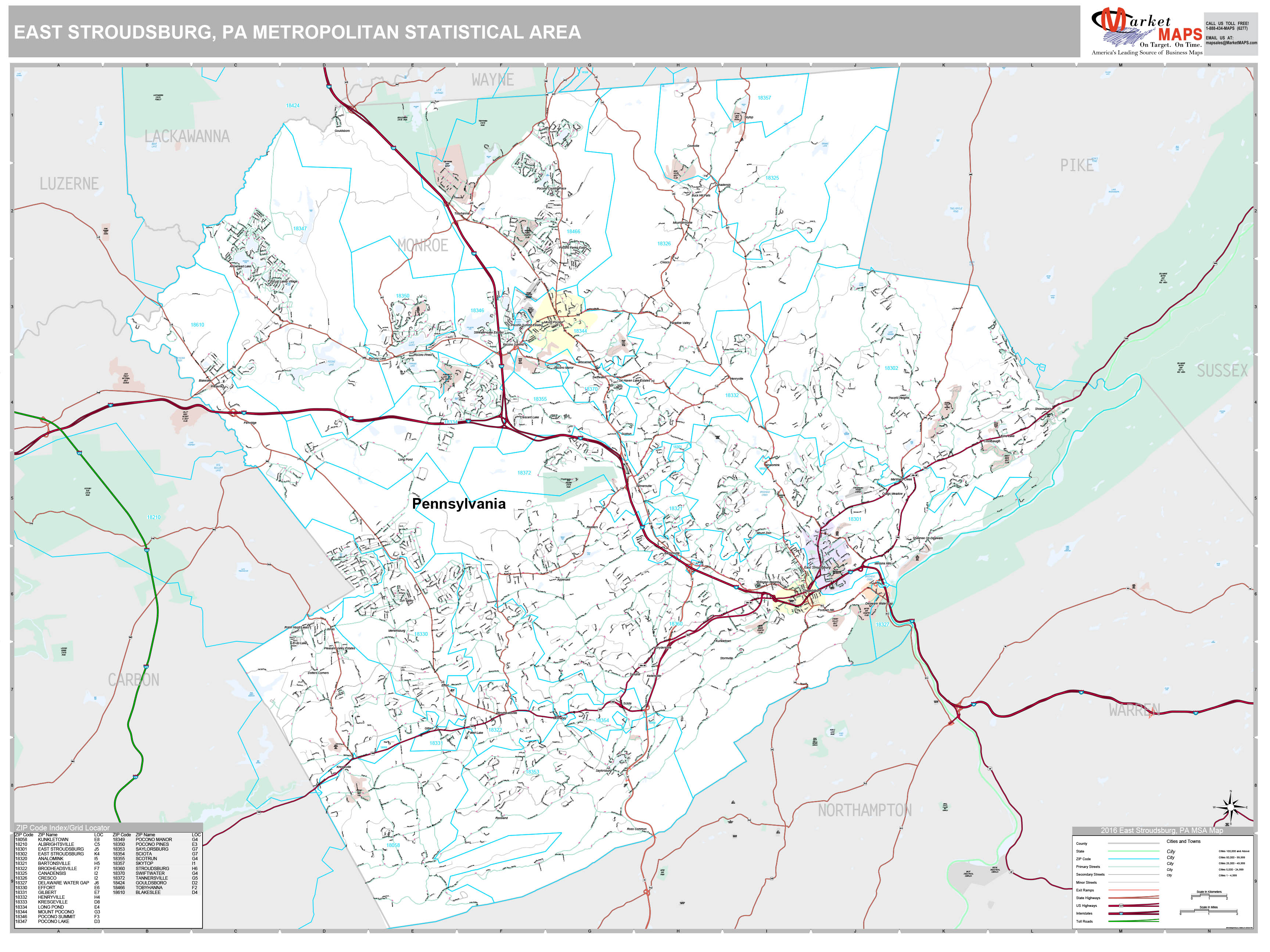 East Stroudsburg, PA Metro Area Wall Map Premium Style by MarketMAPS