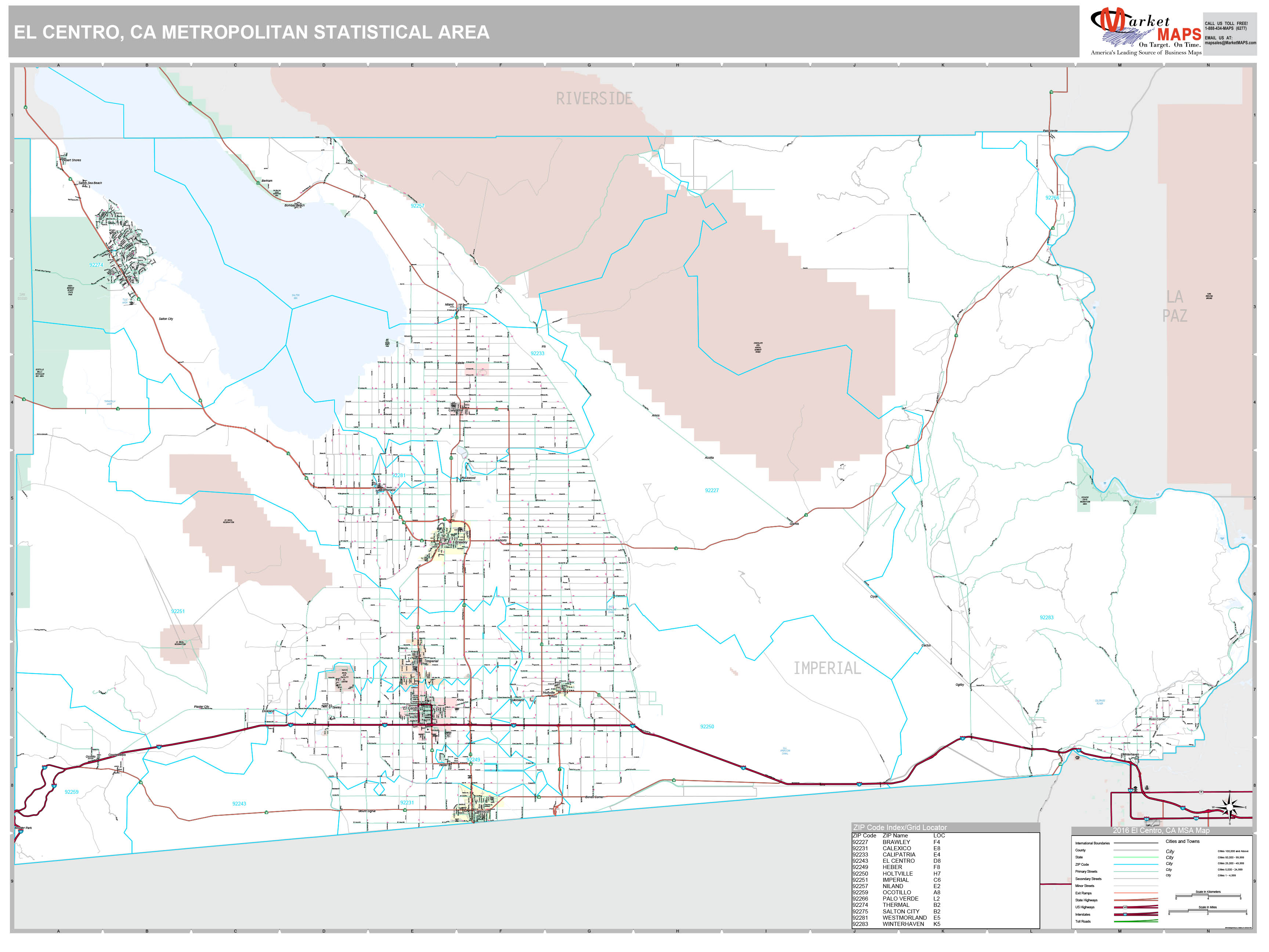 El Centro, CA Metro Area Wall Map Premium Style by MarketMAPS