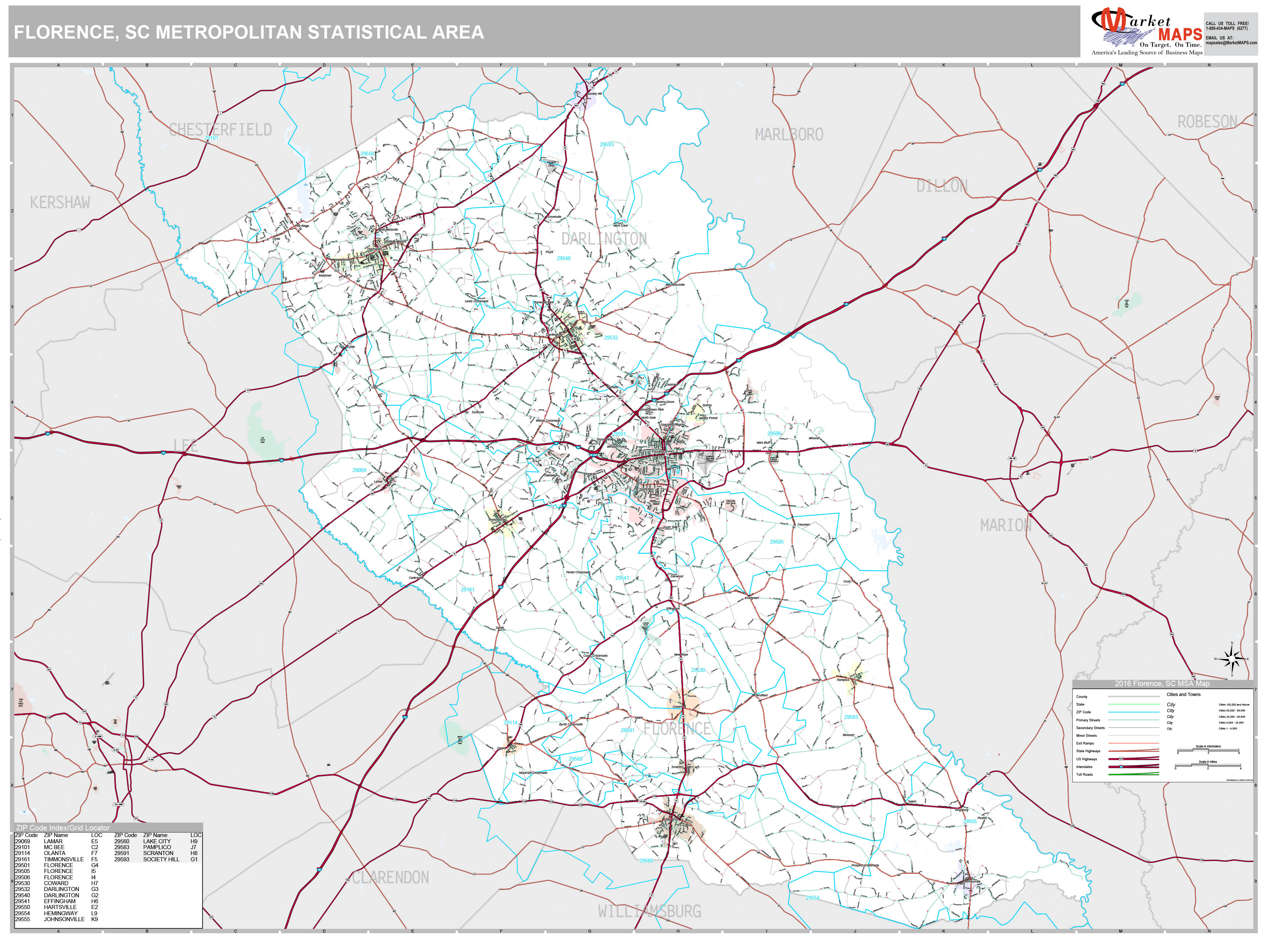Florence, SC Metro Area Wall Map Premium Style by MarketMAPS MapSales