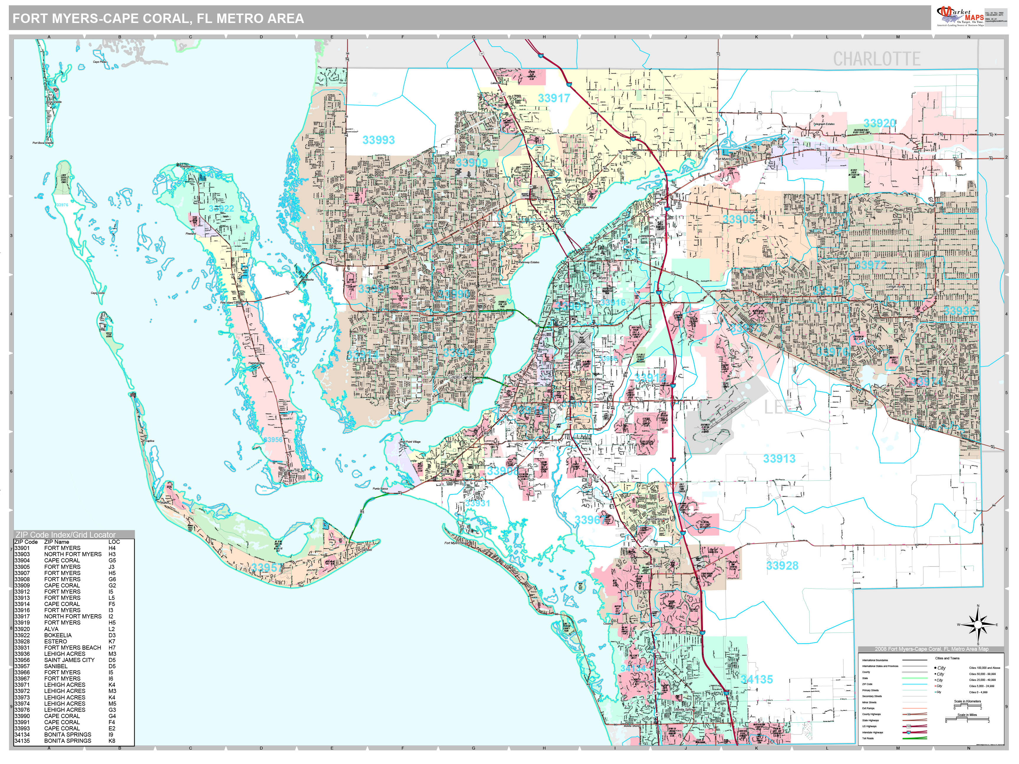Fort Myers Cape Coral Fl Metro Area Wall Map Premium Style By Marketmaps