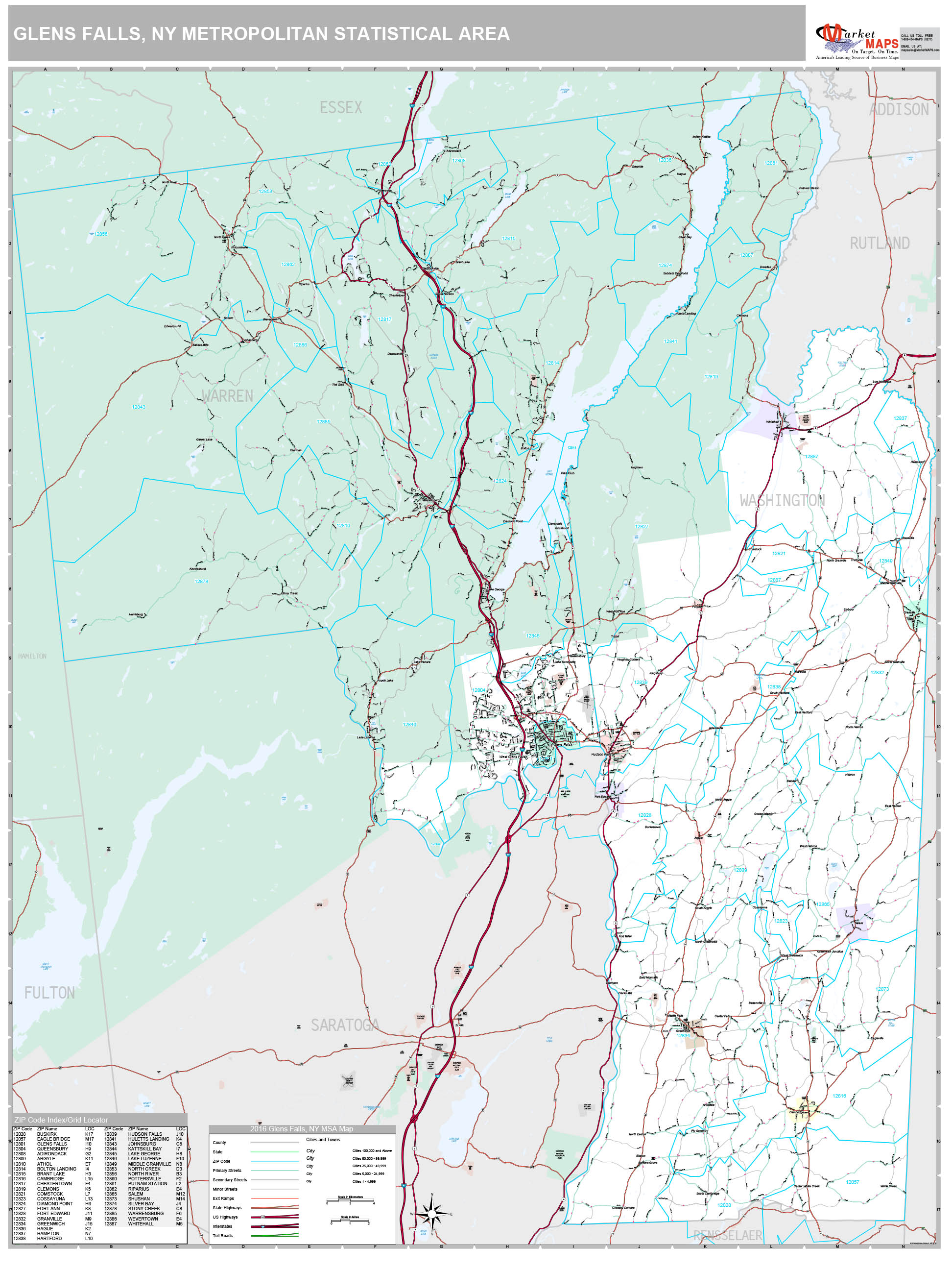 Glens Falls, NY Metro Area Wall Map Premium Style by MarketMAPS