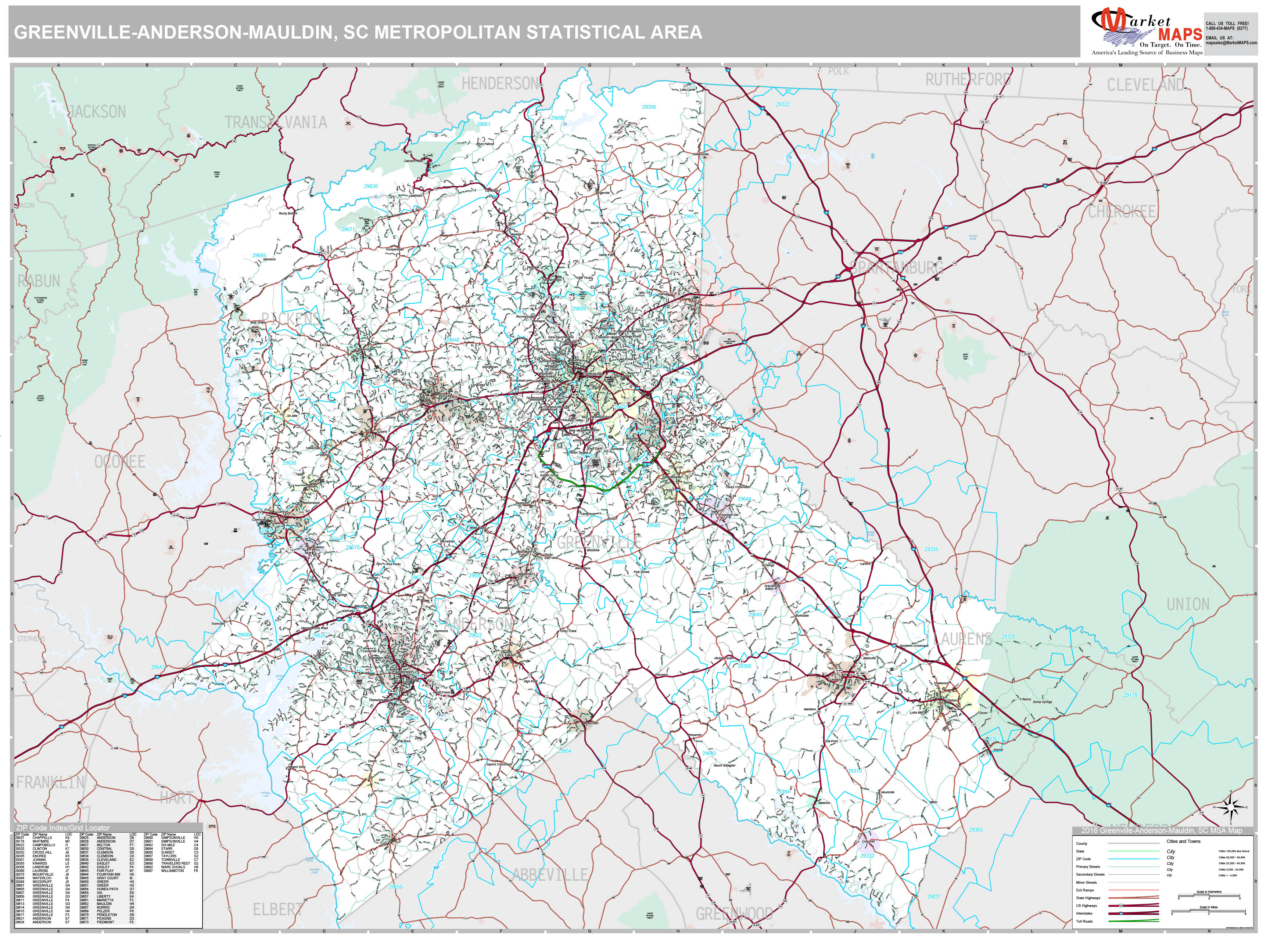 GreenvilleAndersonMauldin, SC Metro Area Wall Map Premium Style by