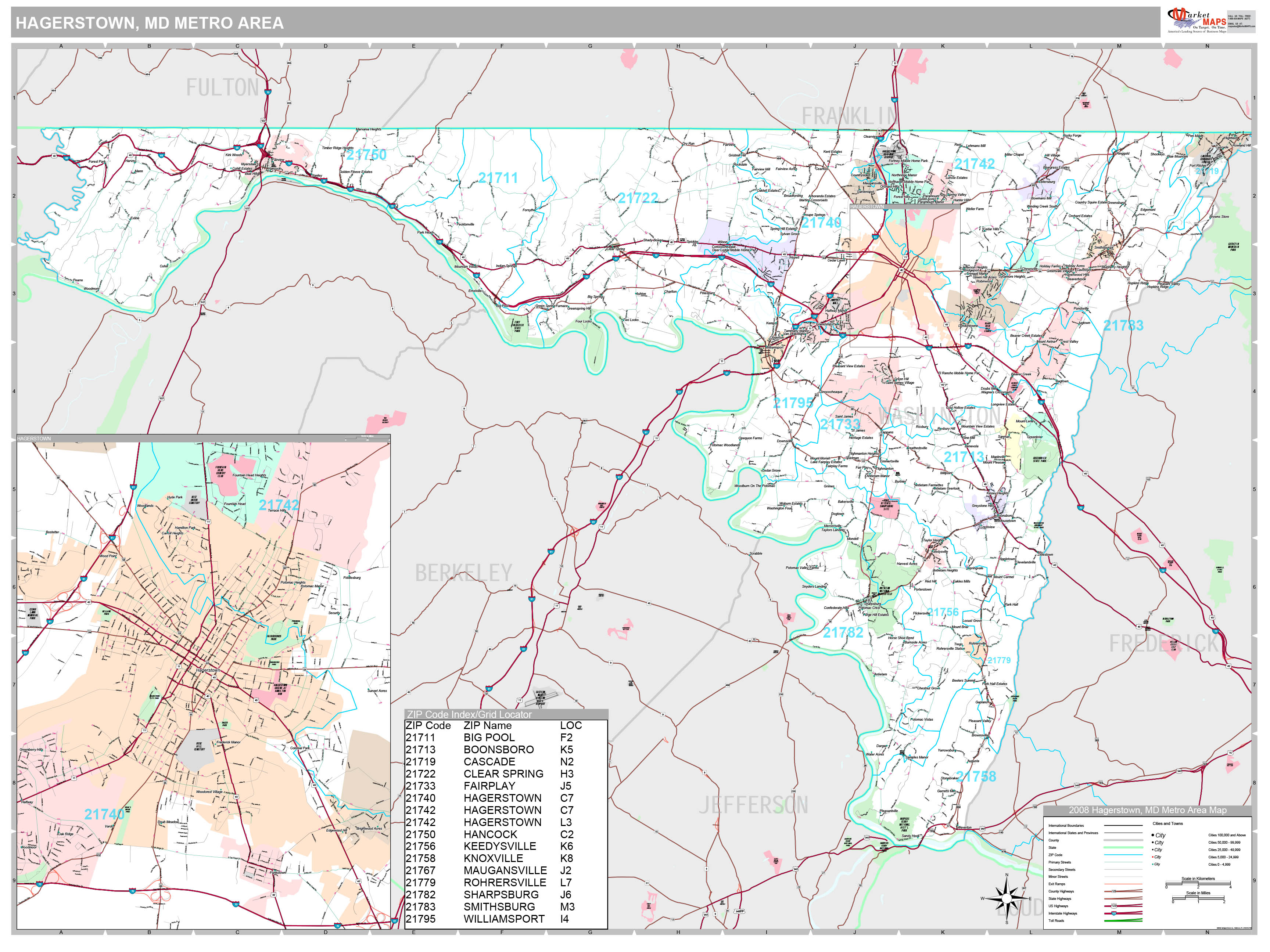 HagerstownMartinsburg, MD Metro Area Wall Map Premium Style by MarketMAPS MapSales