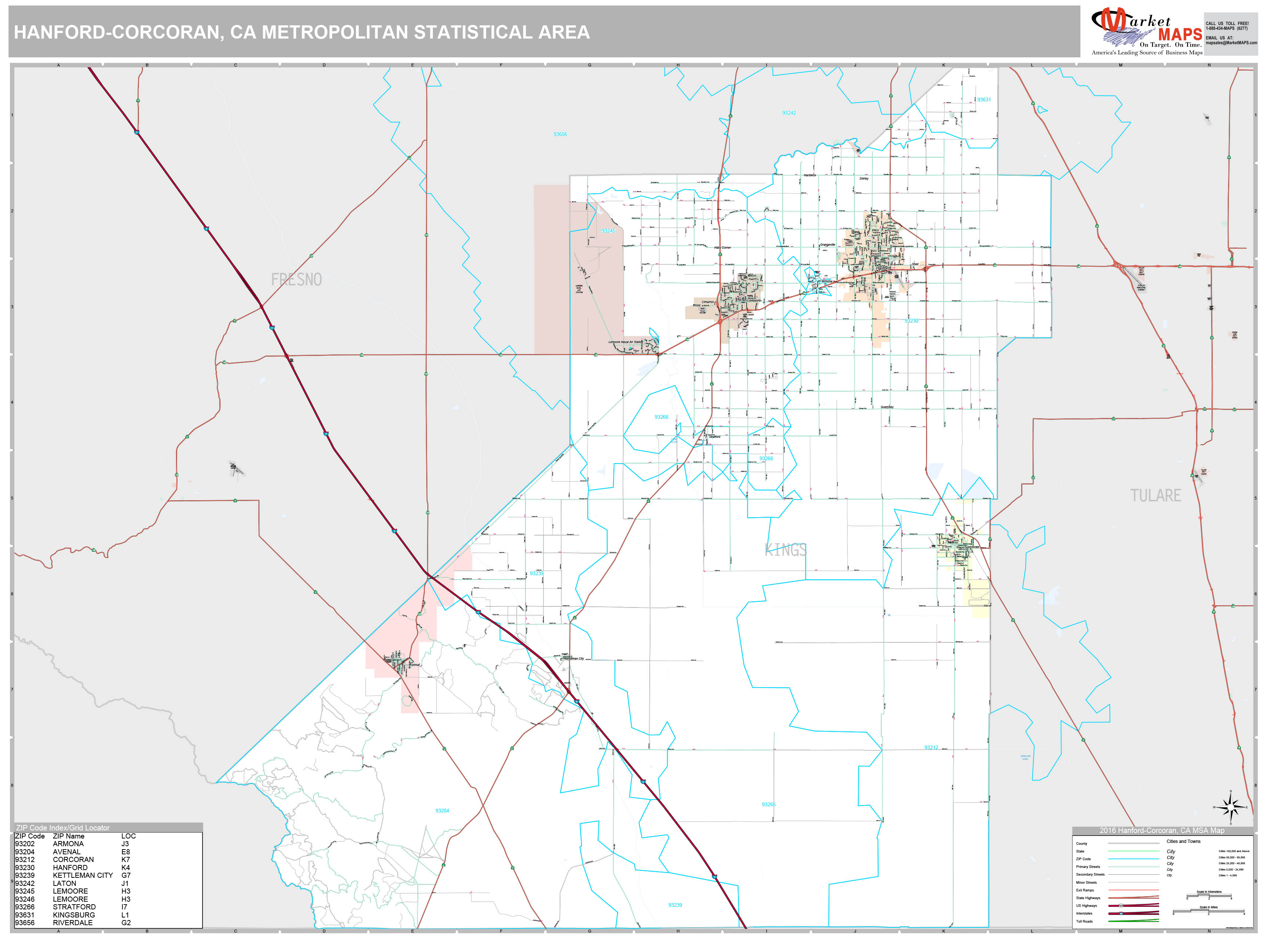 HanfordCorcoran, CA Metro Area Wall Map Premium Style by MarketMAPS