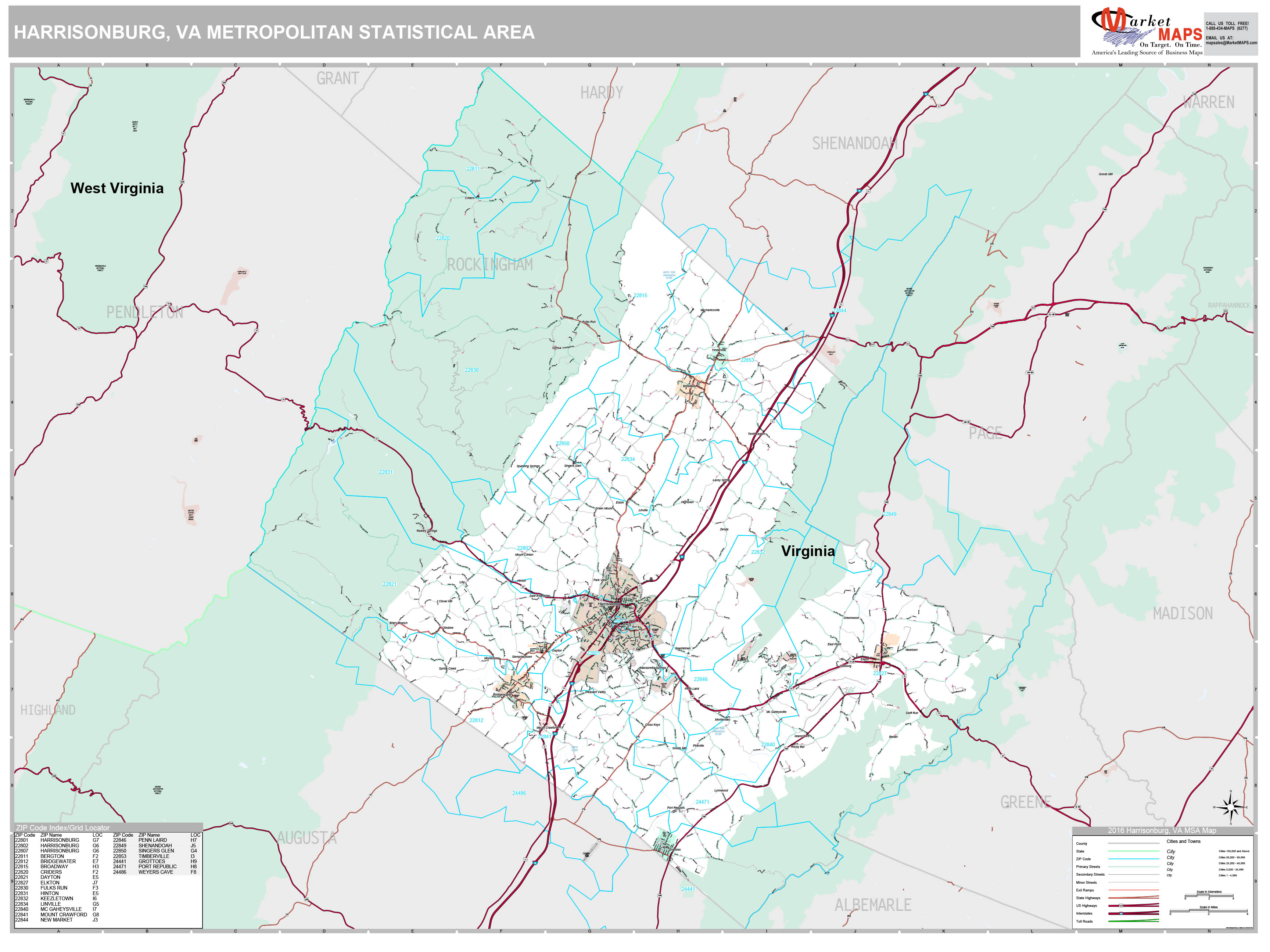 Harrisonburg, VA Metro Area Wall Map Premium Style by MarketMAPS