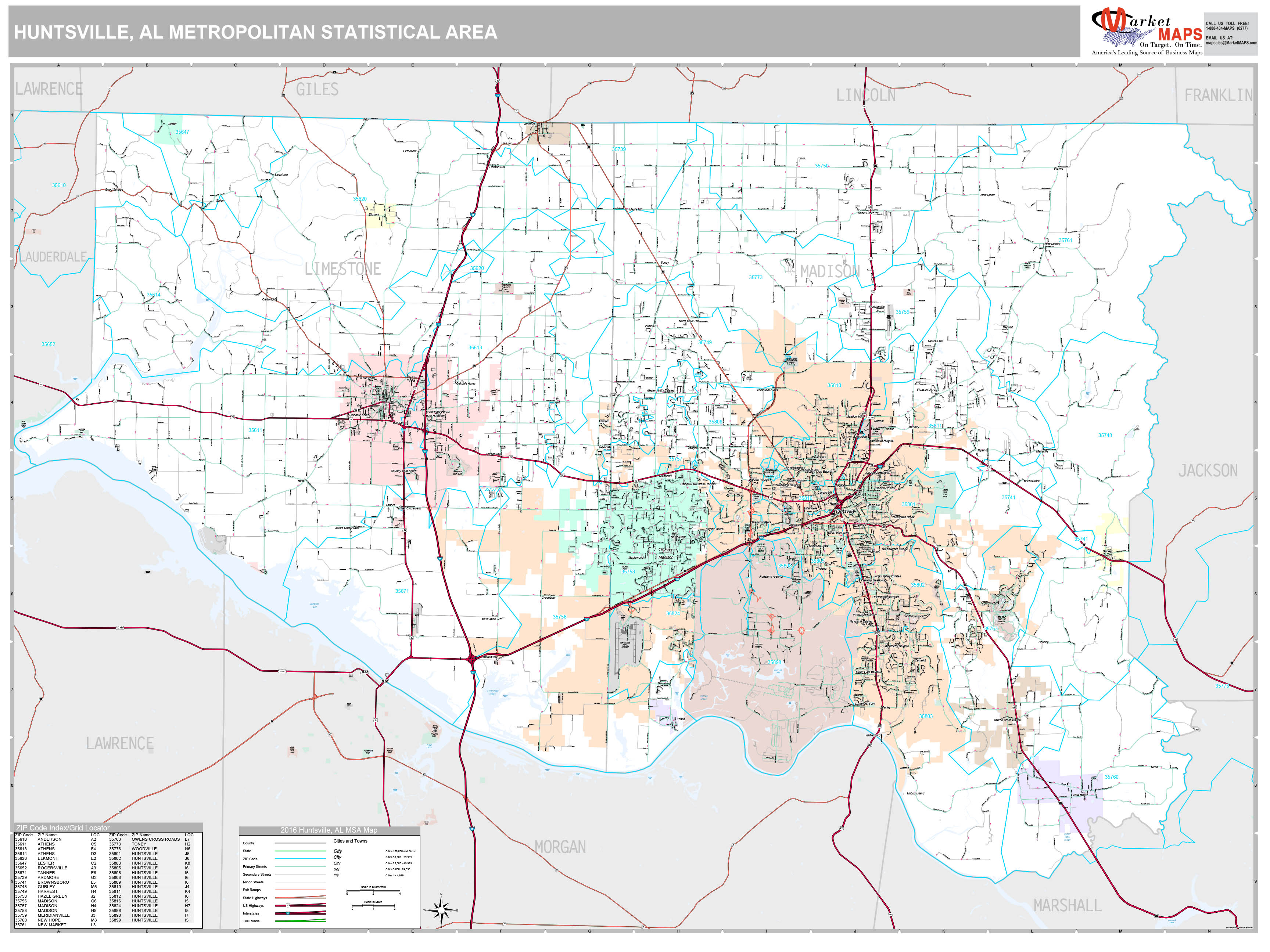 Huntsville, AL Metro Area Wall Map Premium Style by MarketMAPS