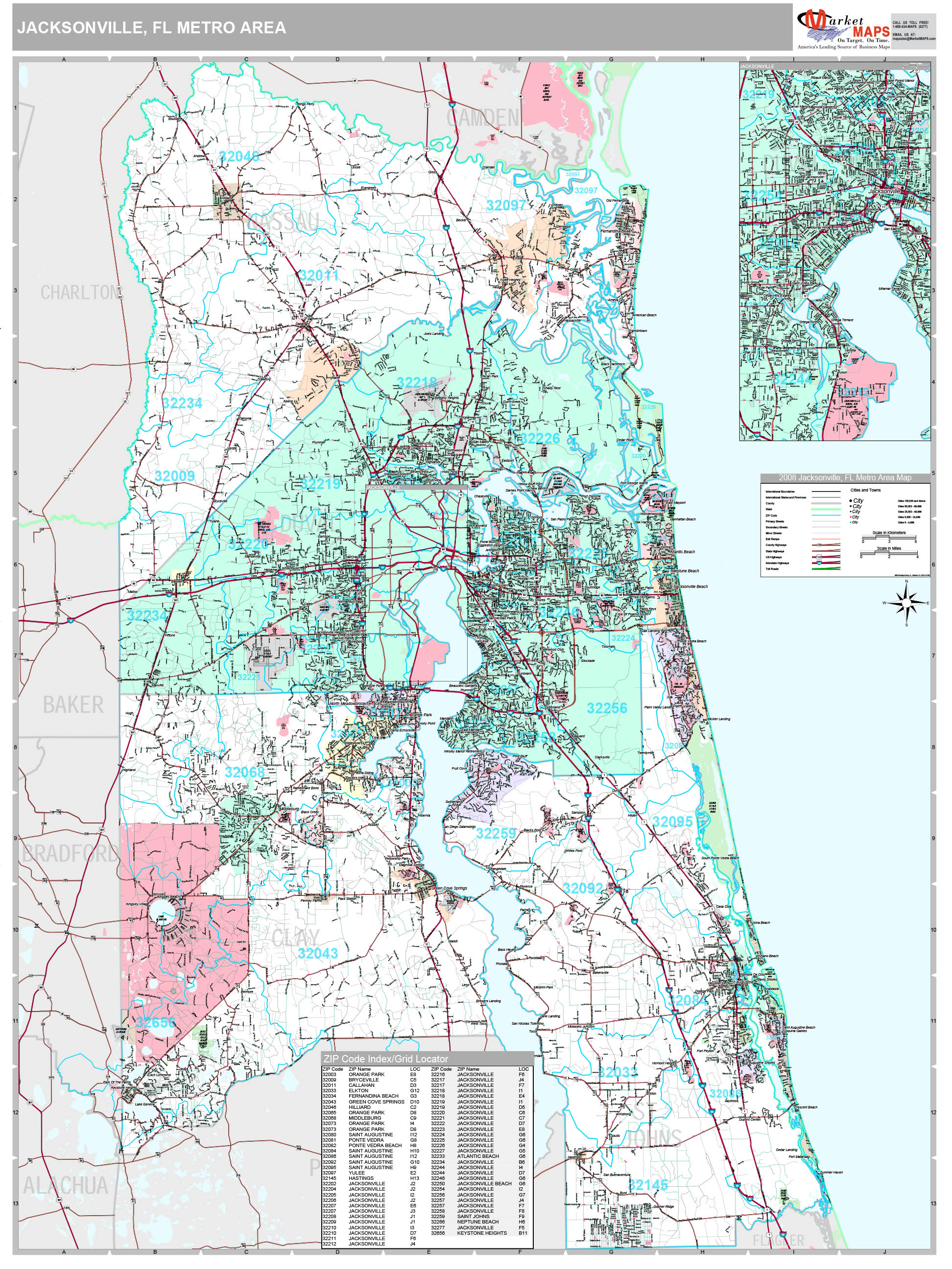 Jacksonville, FL Metro Area Wall Map Premium Style by MarketMAPS - MapSales